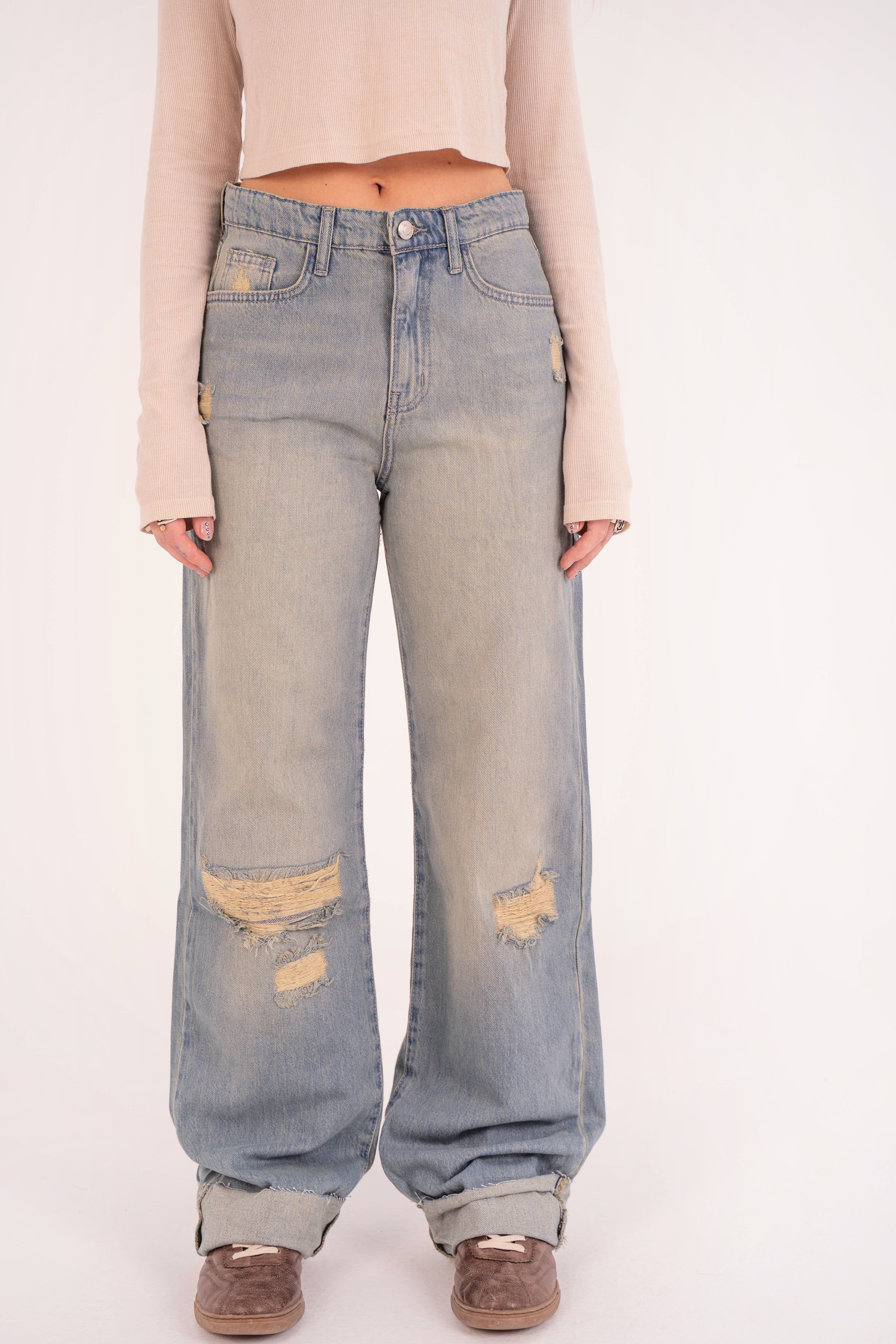 High-Waist Acid Wash Ripped Long Straight Leg Jeans