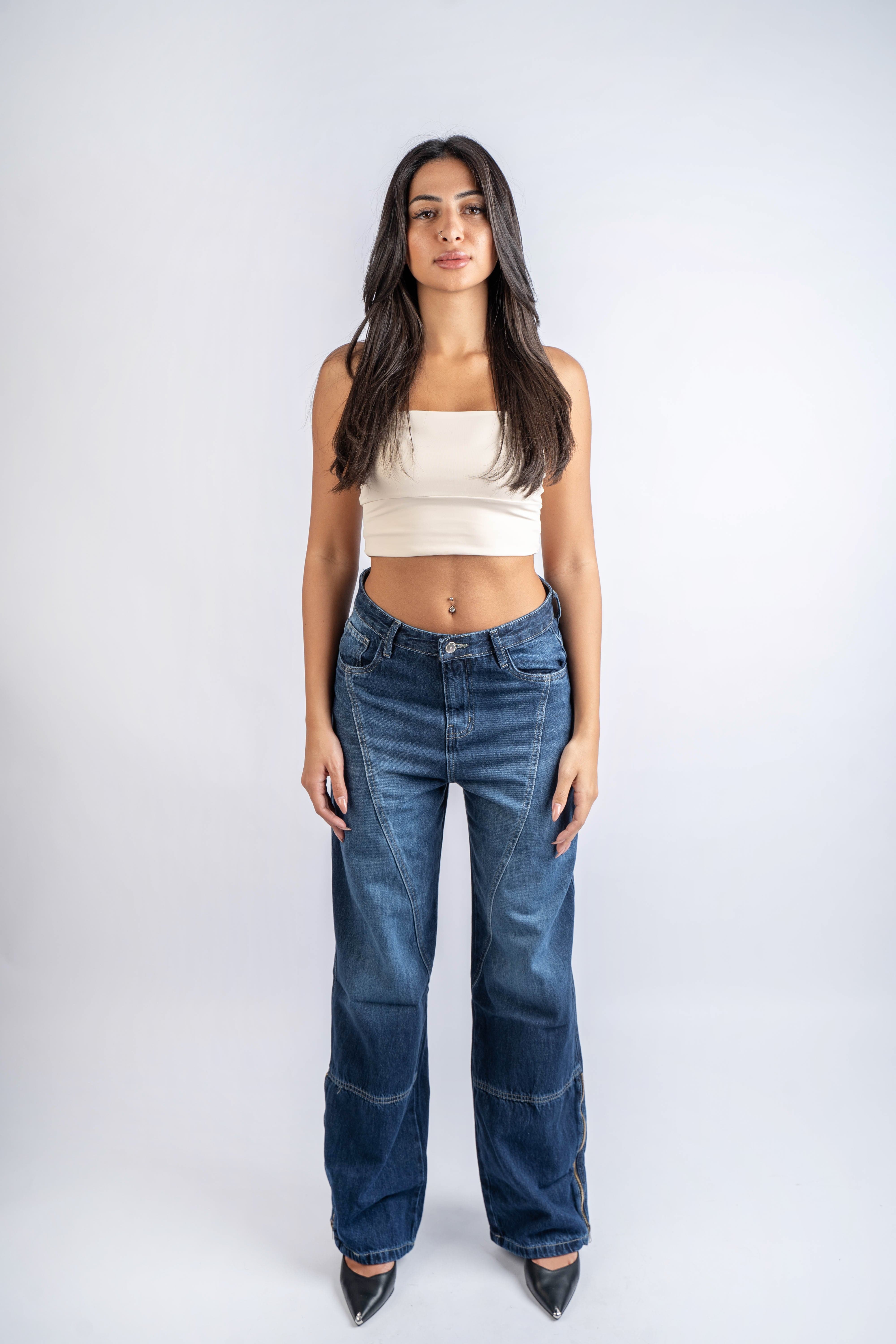 Straight Leg Jeans High Waist Side Zipper Dark Blue