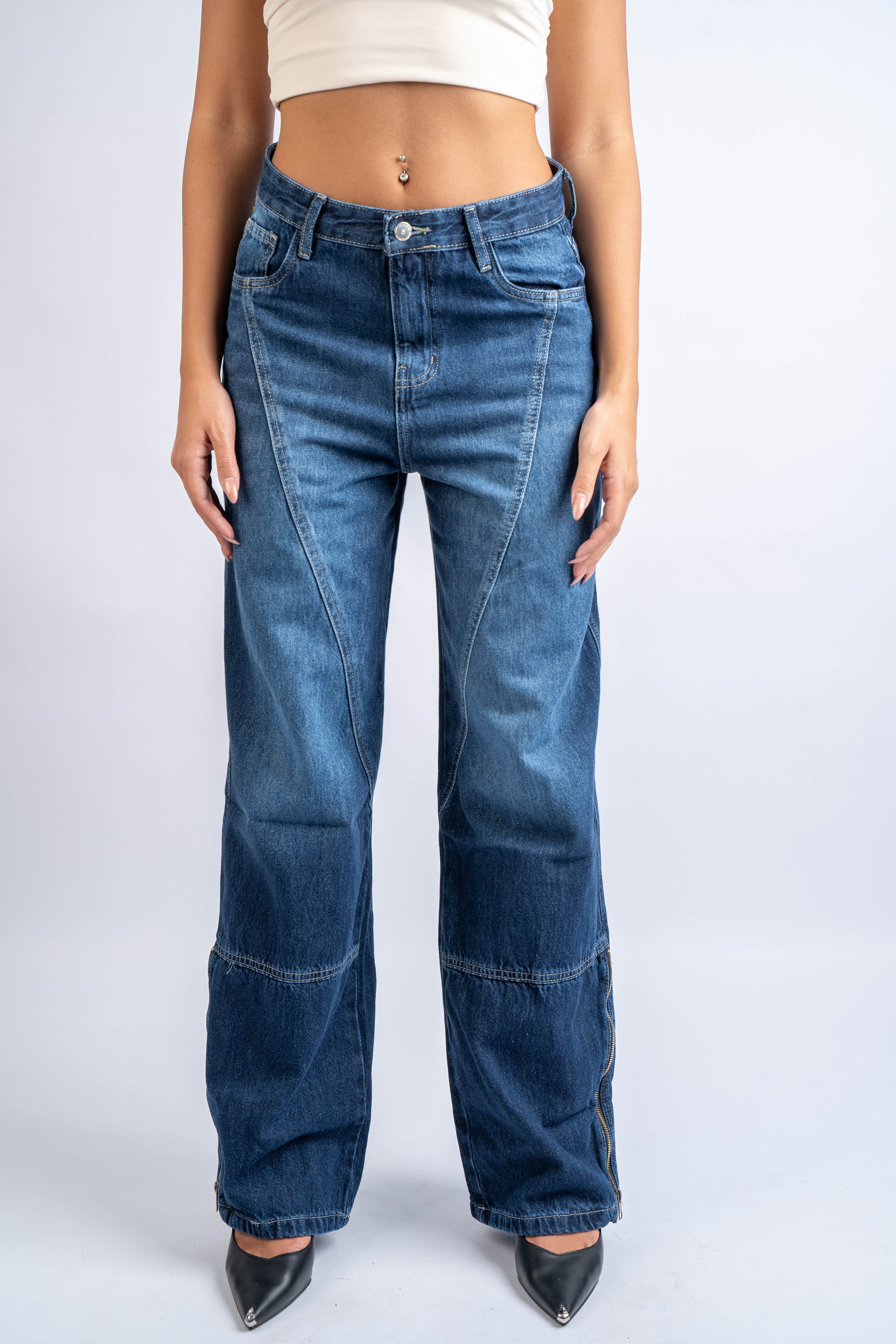 Straight Leg Jeans High Waist Side Zipper Dark Blue
