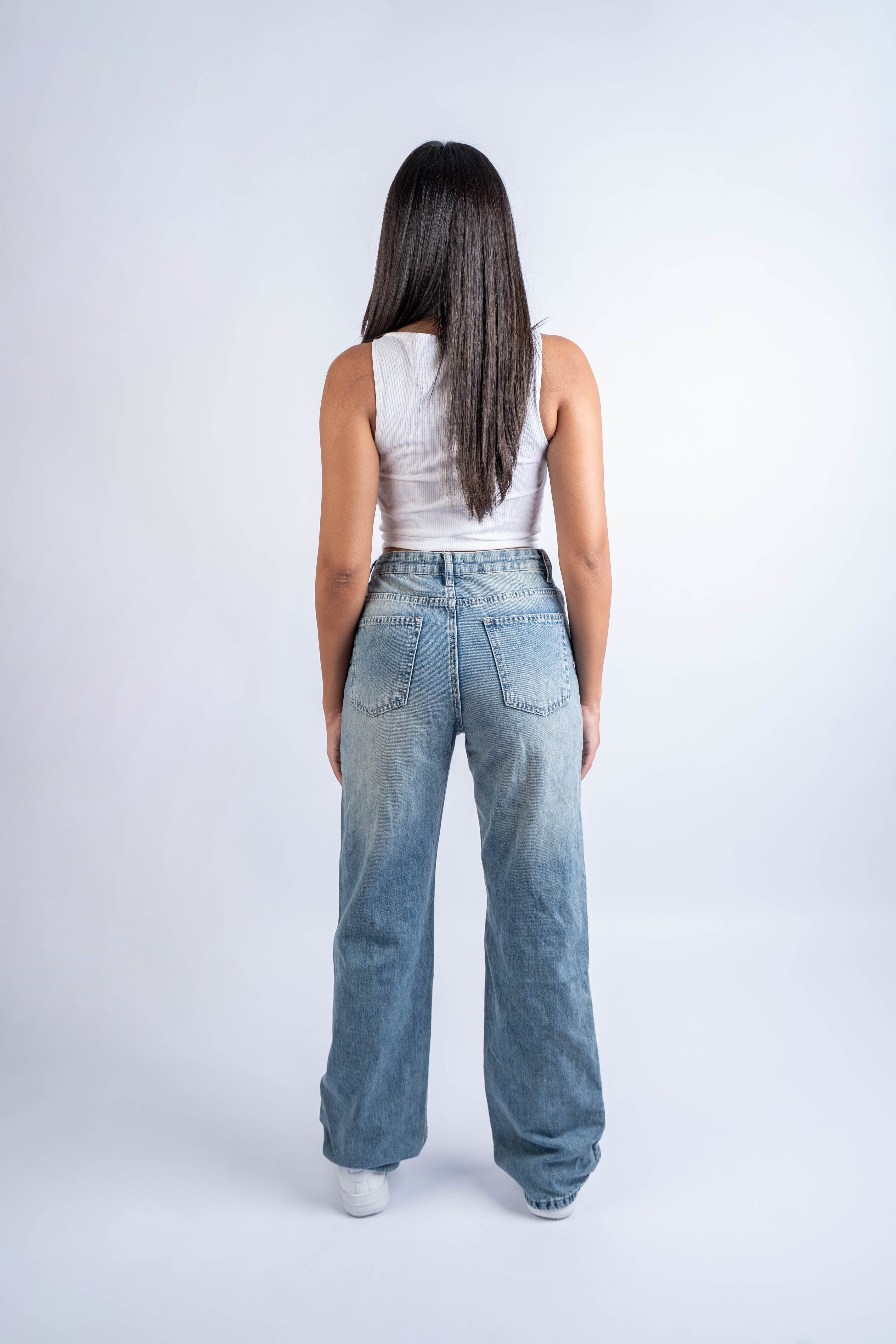 High-Waist Dirty Cross Belt Acid Blue Straight Leg Jeans