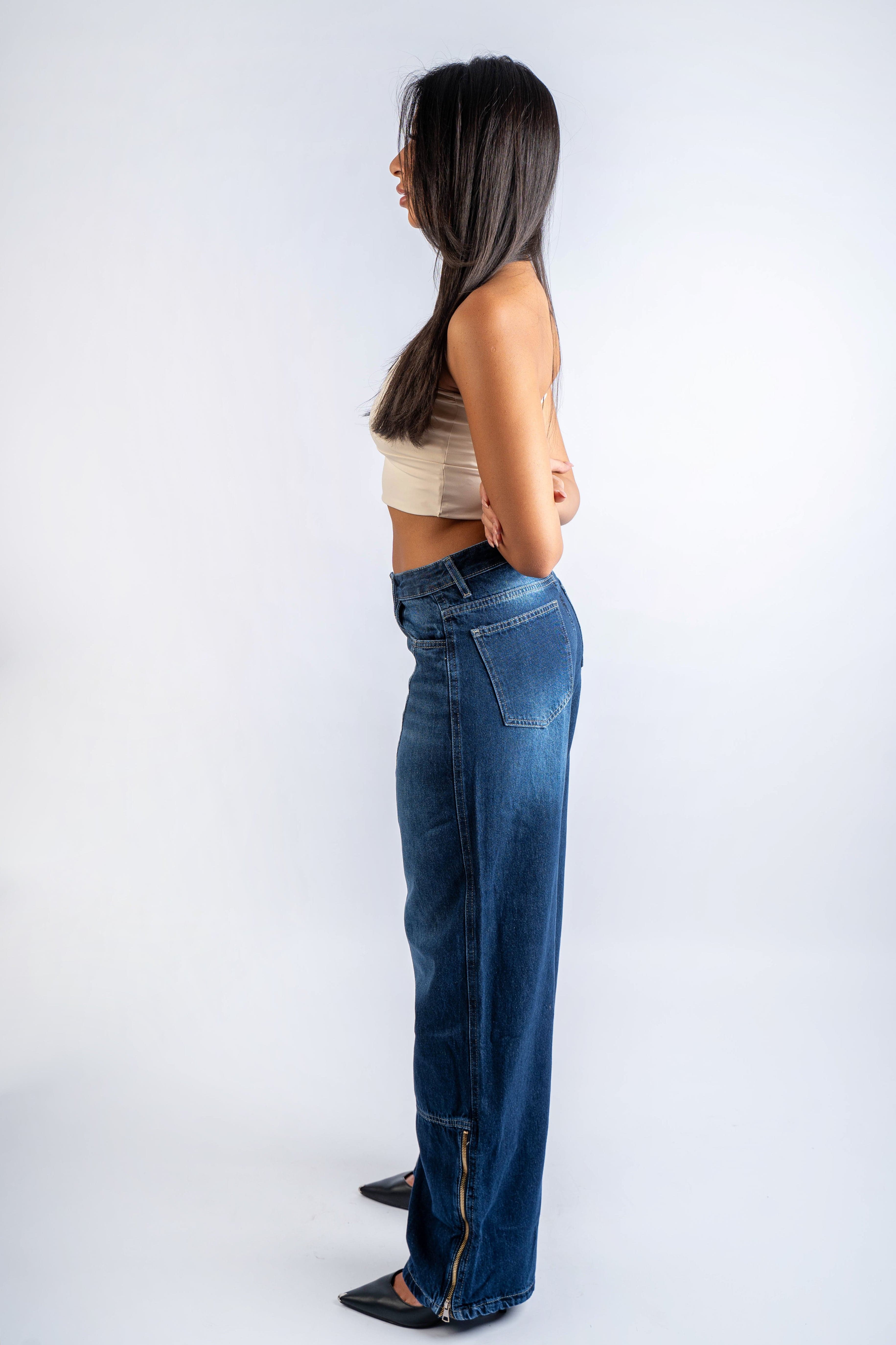 Straight Leg Jeans High Waist Side Zipper Dark Blue