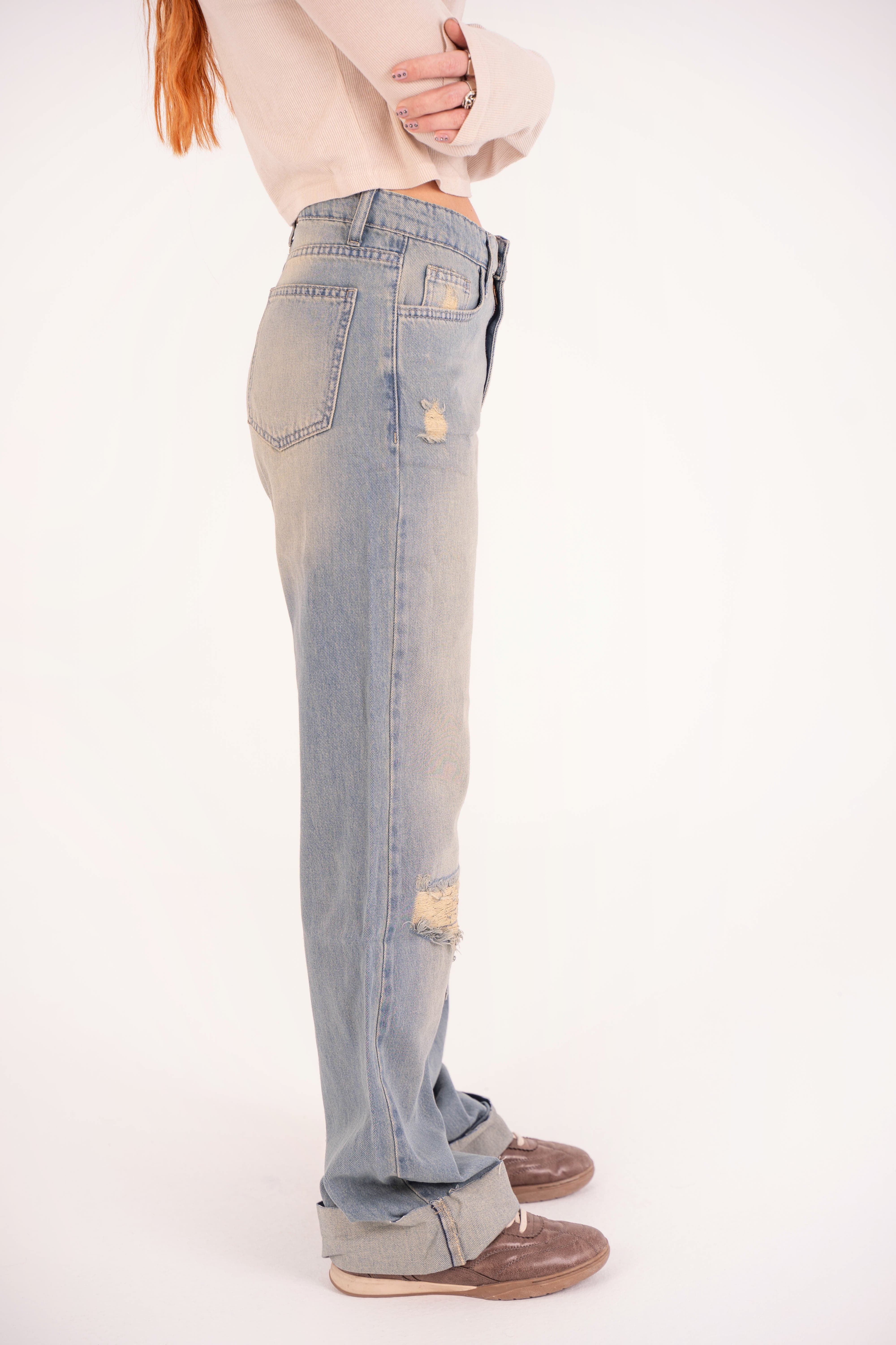 High-Waist Acid Wash Ripped Long Straight Leg Jeans