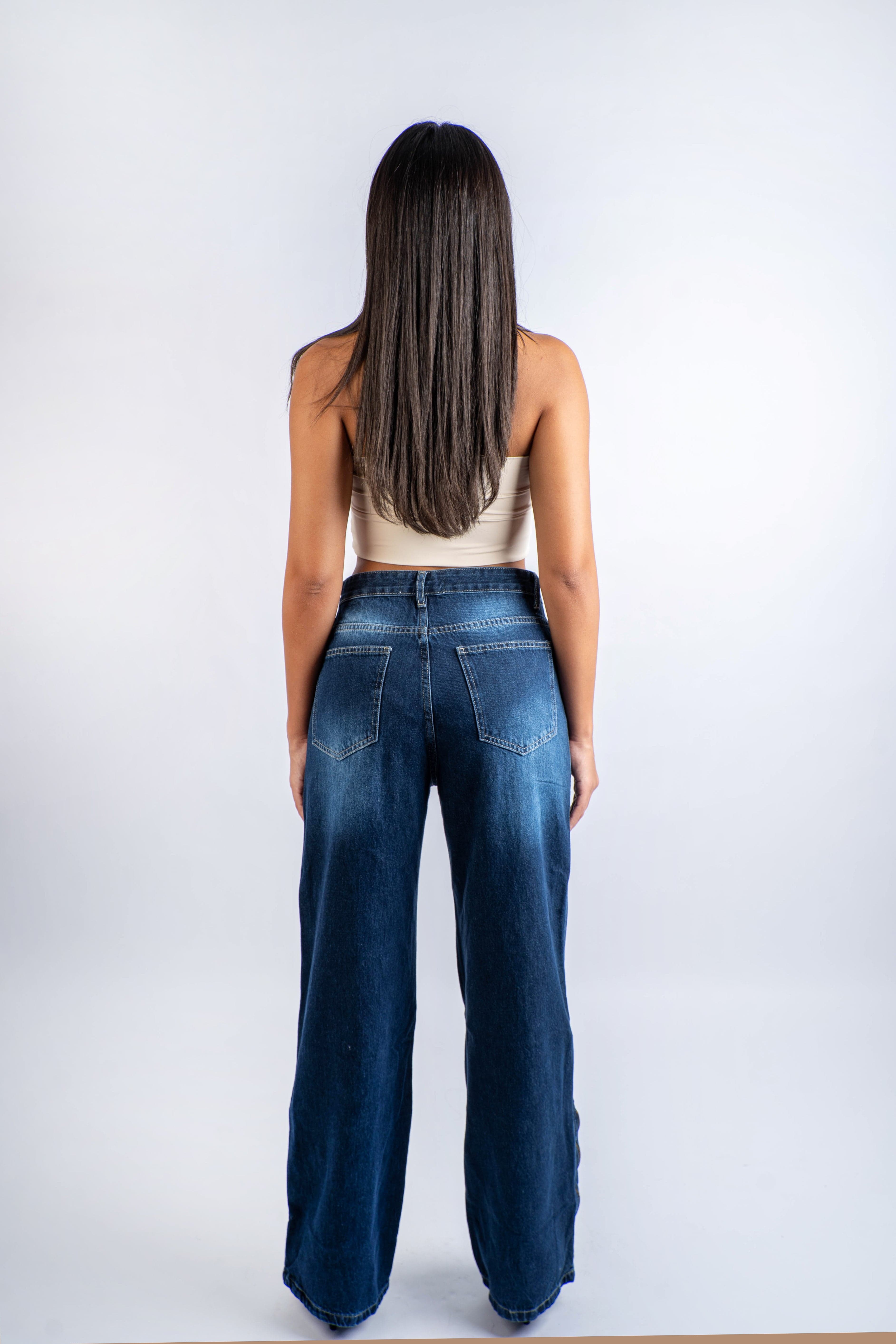 Straight Leg Jeans High Waist Side Zipper Dark Blue