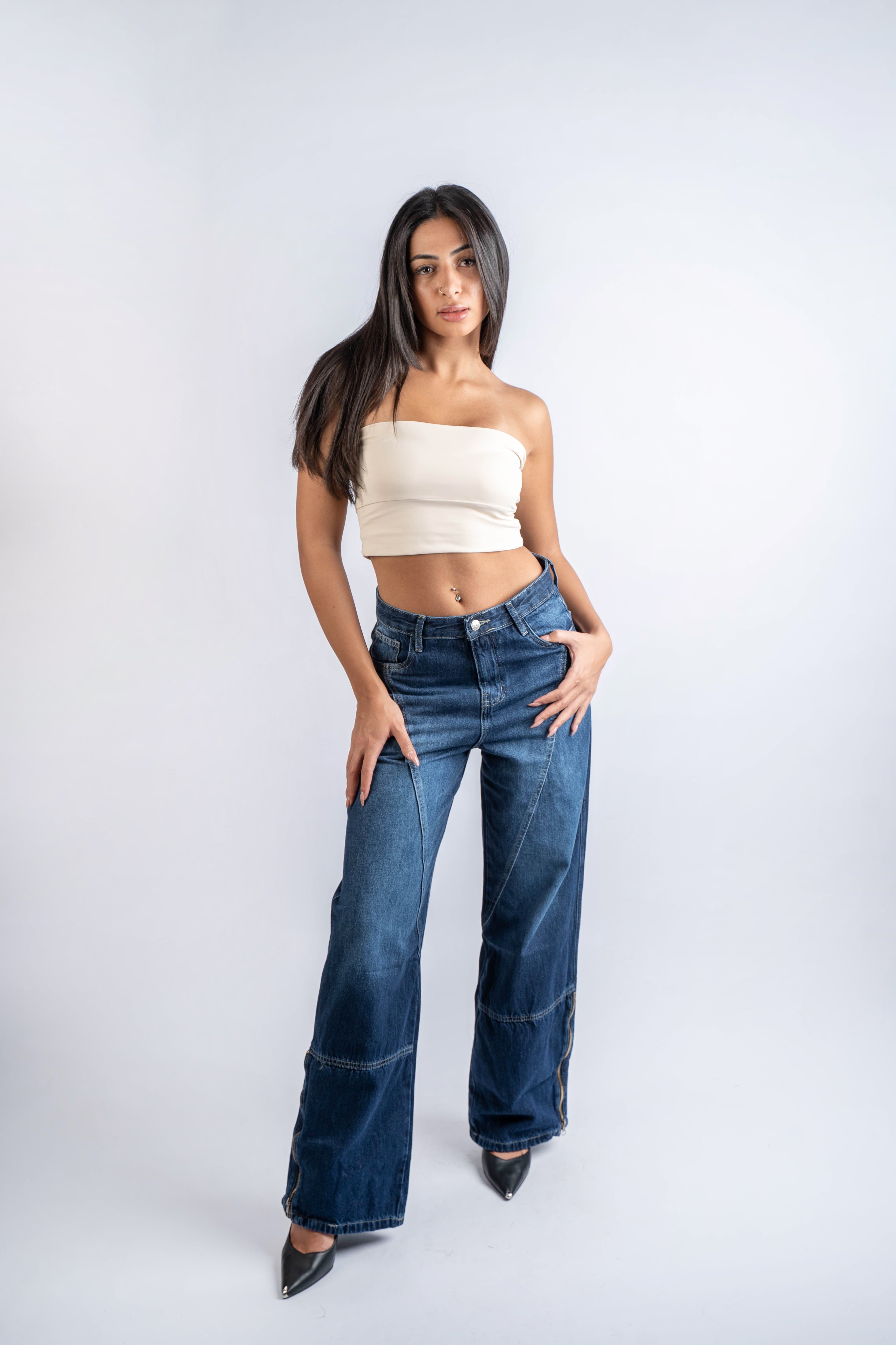 Straight Leg Jeans High Waist Side Zipper Dark Blue
