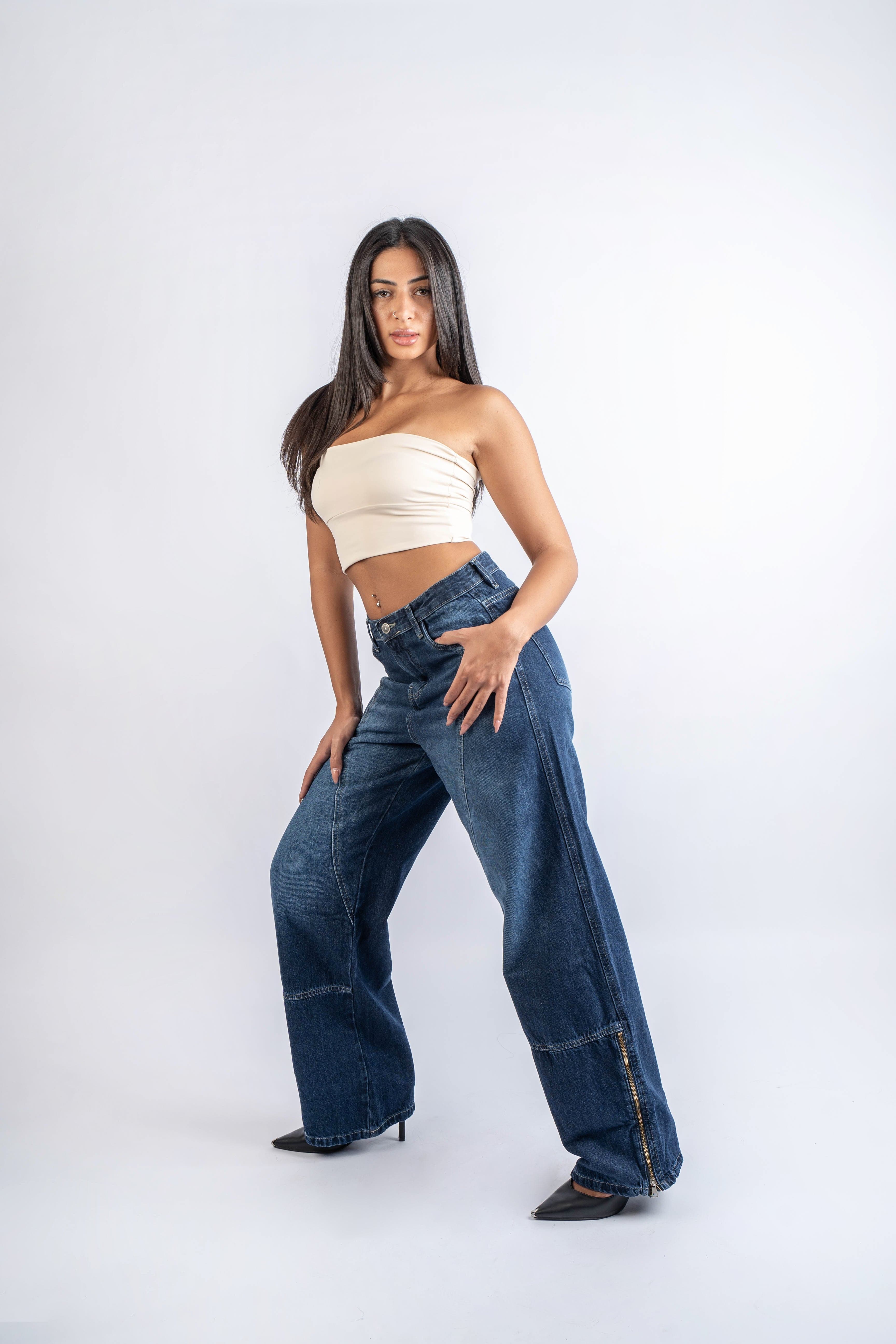 Straight Leg Jeans High Waist Side Zipper Dark Blue