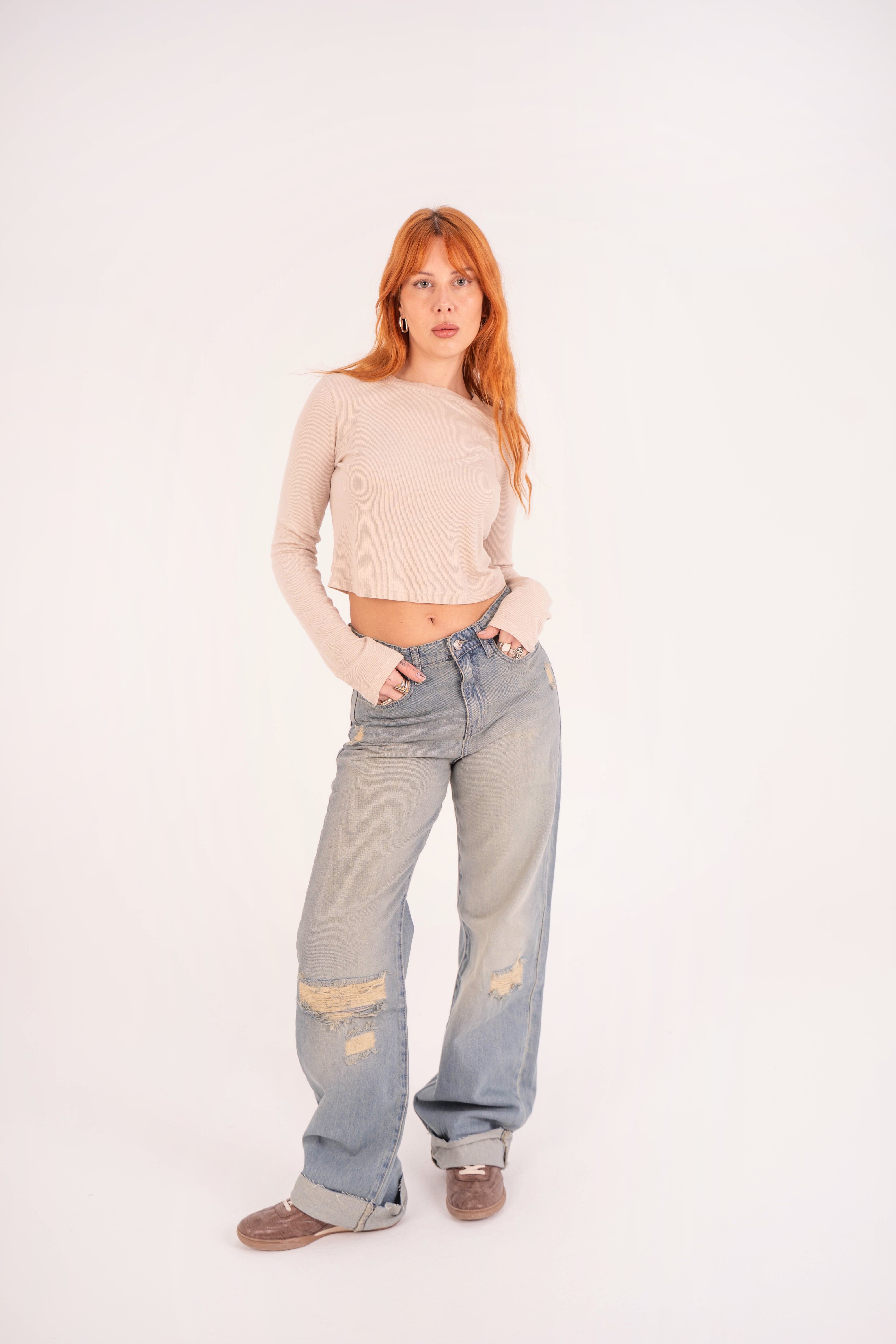 High-Waist Acid Wash Ripped Long Straight Leg Jeans