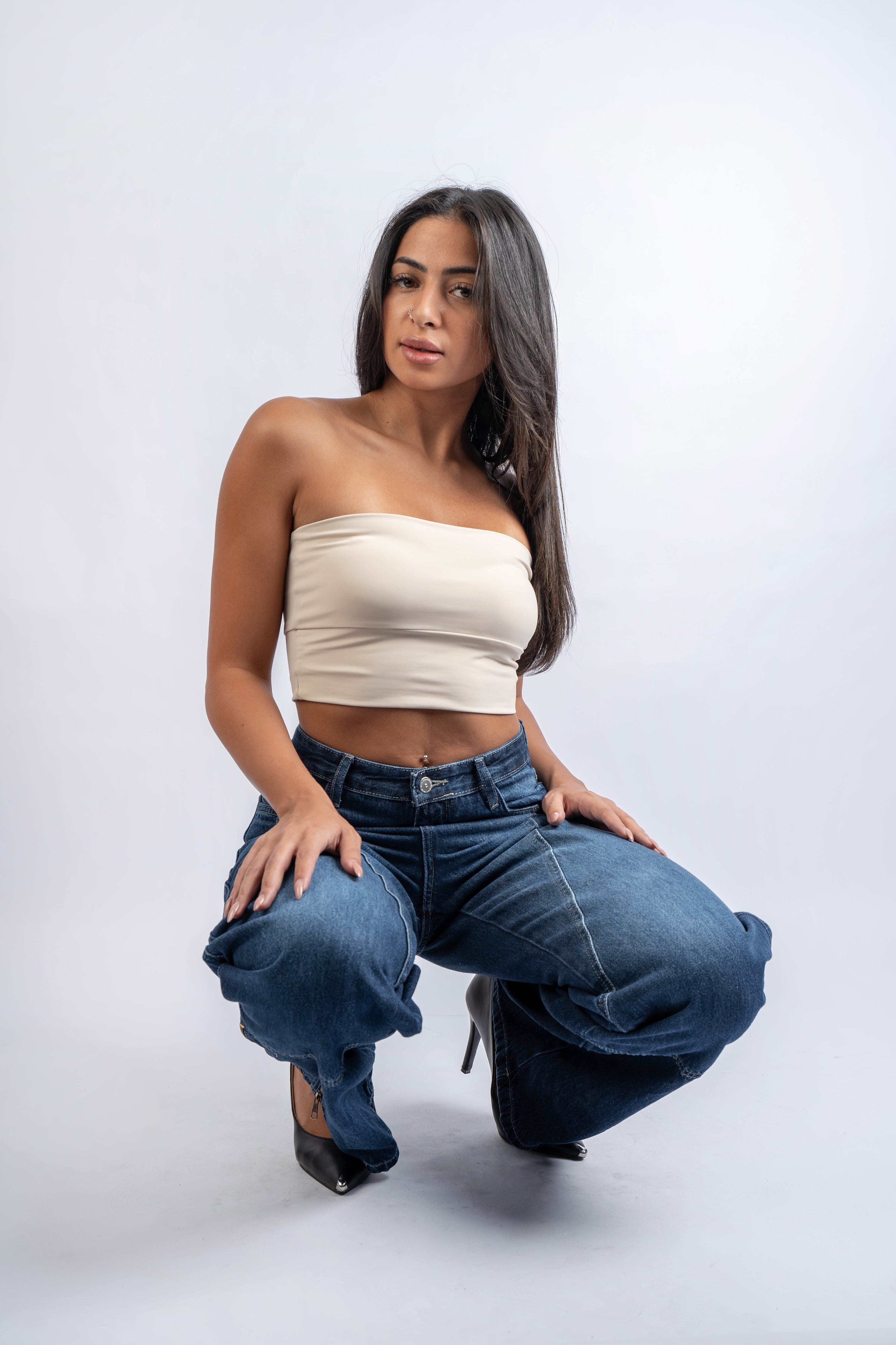 Straight Leg Jeans High Waist Side Zipper Dark Blue