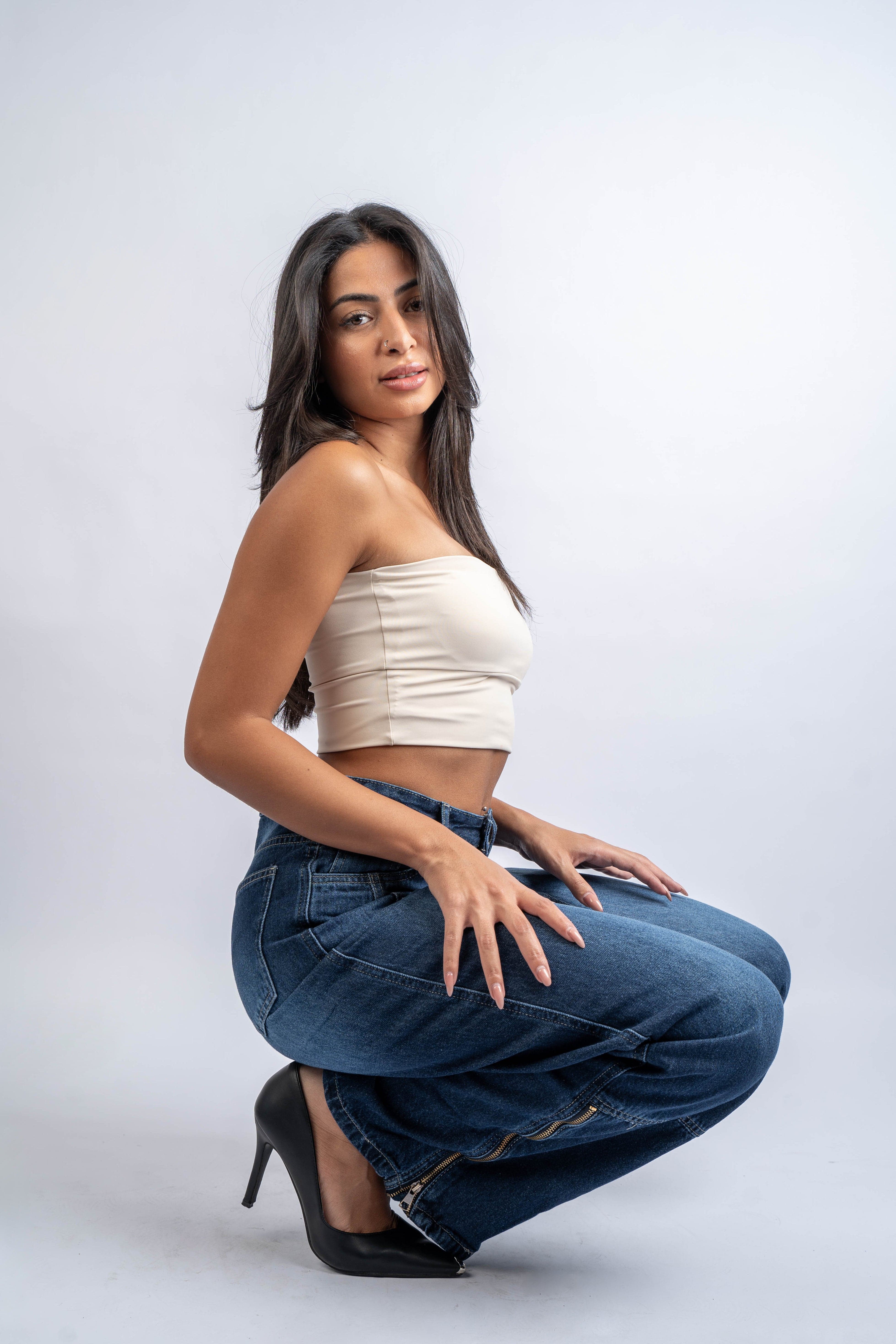 Straight Leg Jeans High Waist Side Zipper Dark Blue