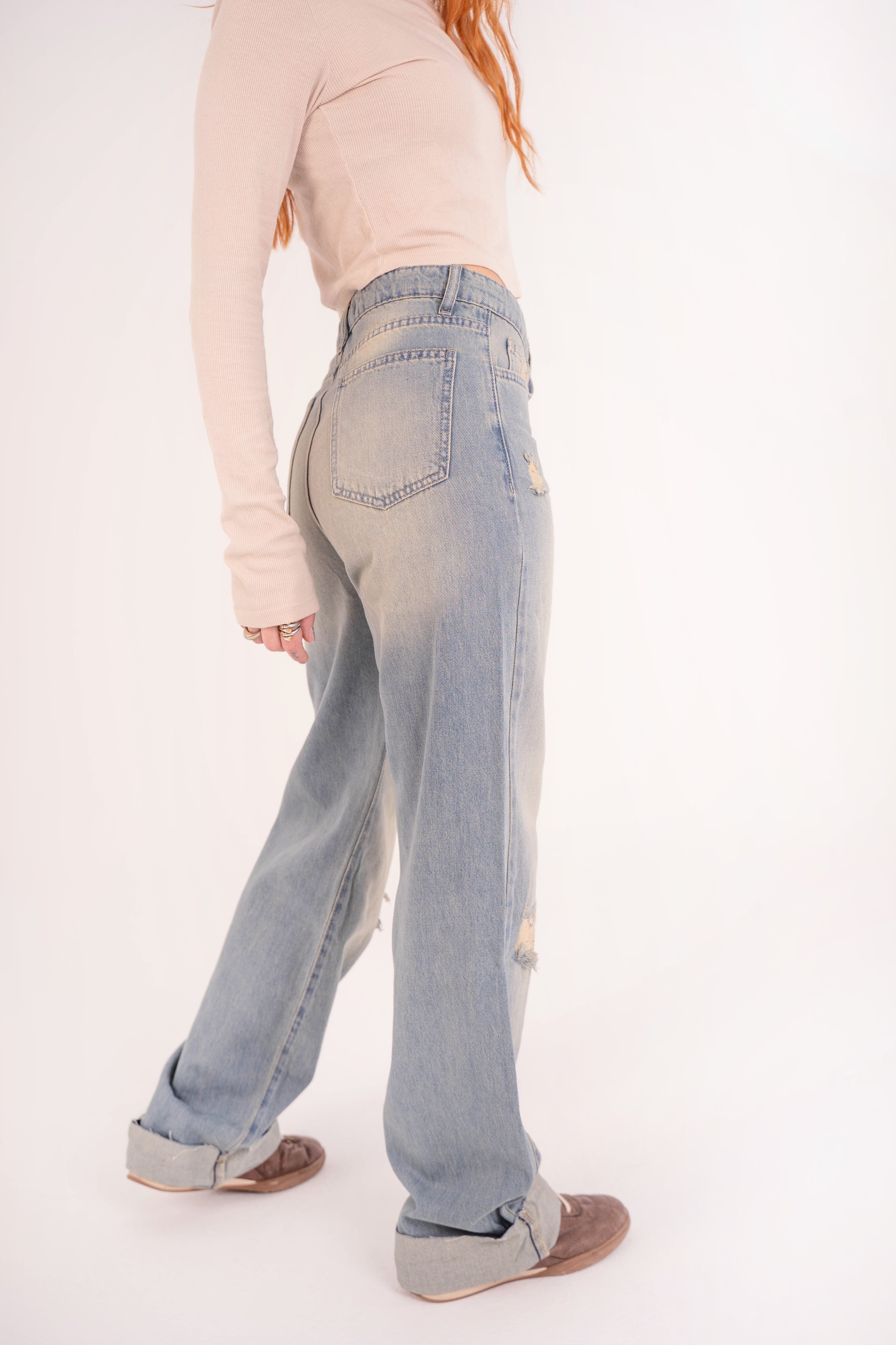 High-Waist Acid Wash Ripped Long Straight Leg Jeans