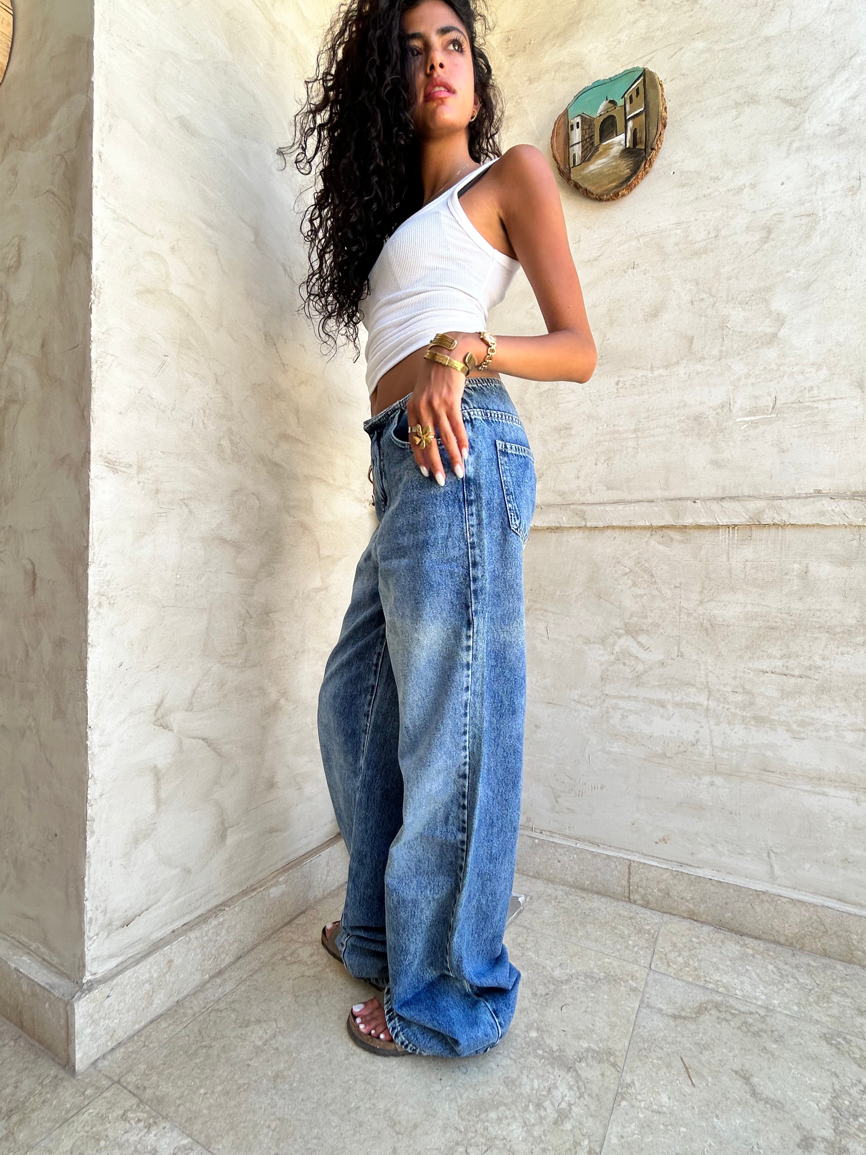 No Waist Jeans Blue Wash Wide Leg