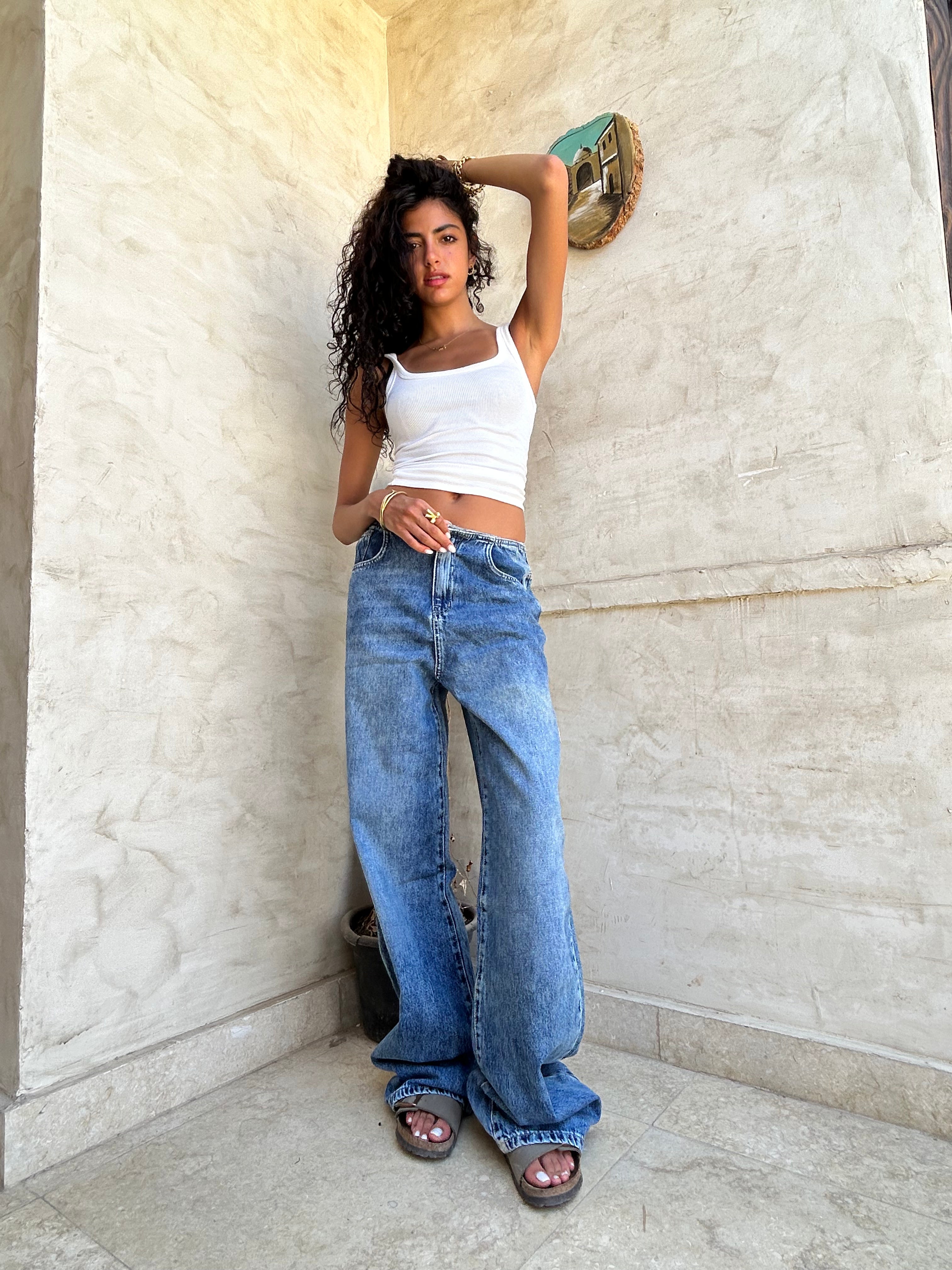 No Waist Jeans Blue Wash Wide Leg