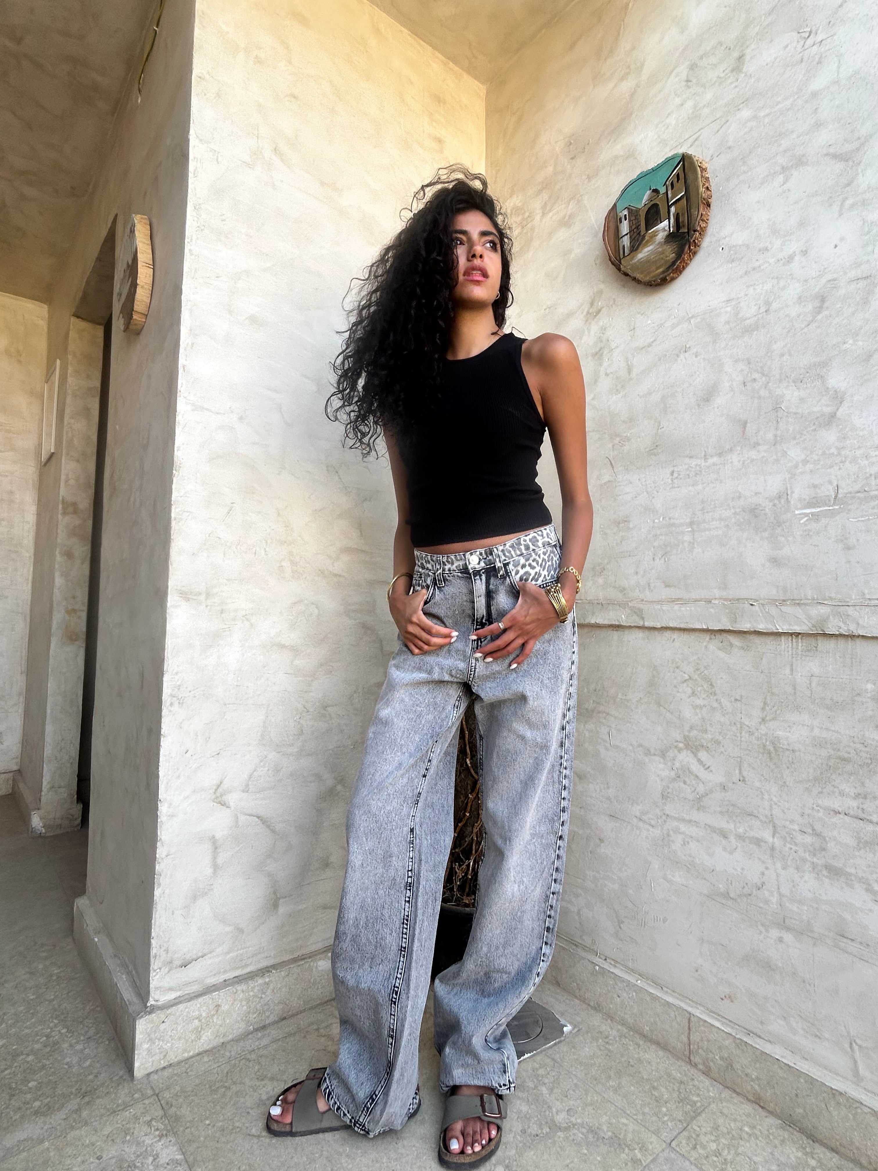 High-Waist Leopard Gray Straight Leg Jeans
