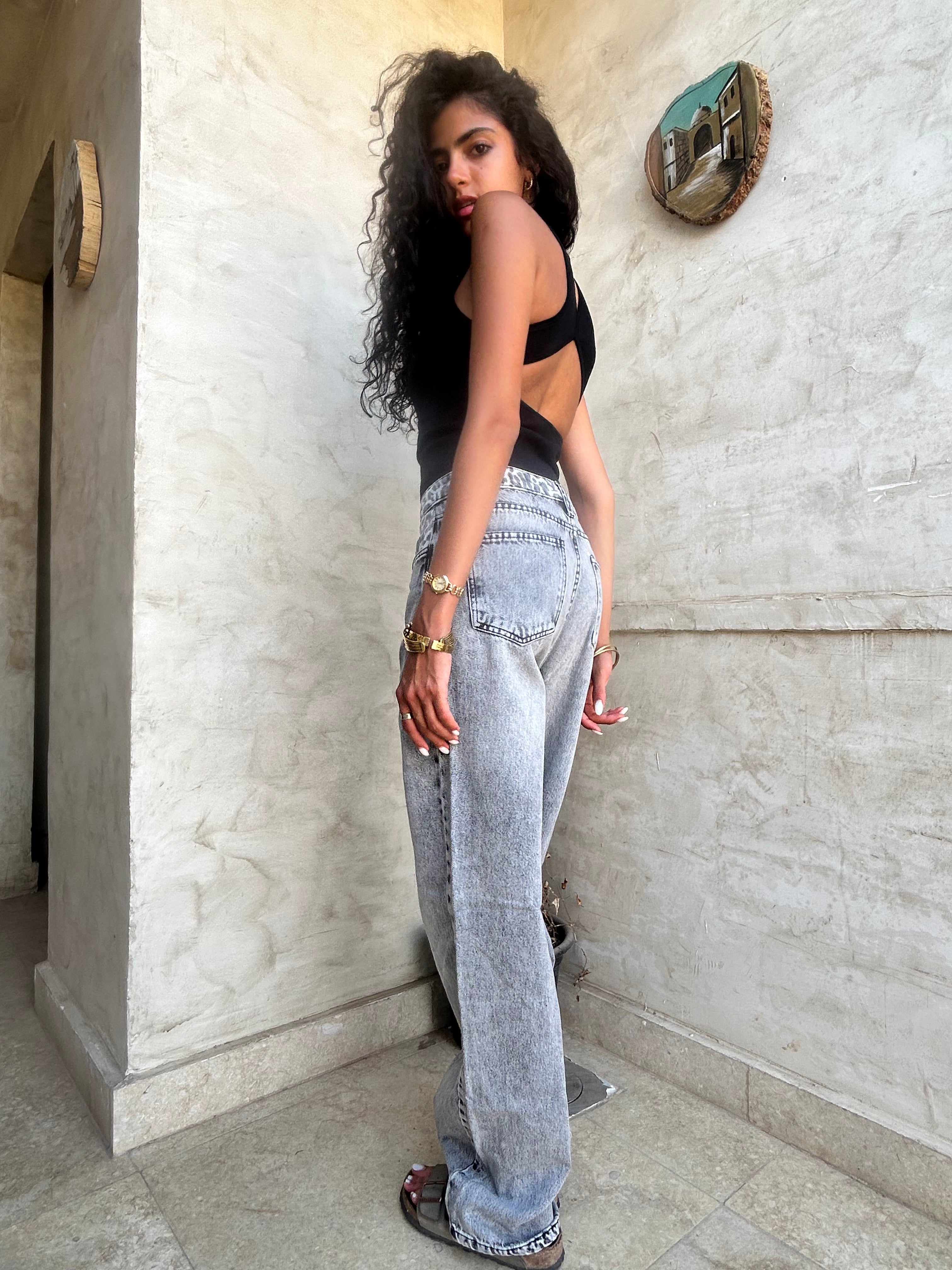High-Waist Leopard Gray Straight Leg Jeans