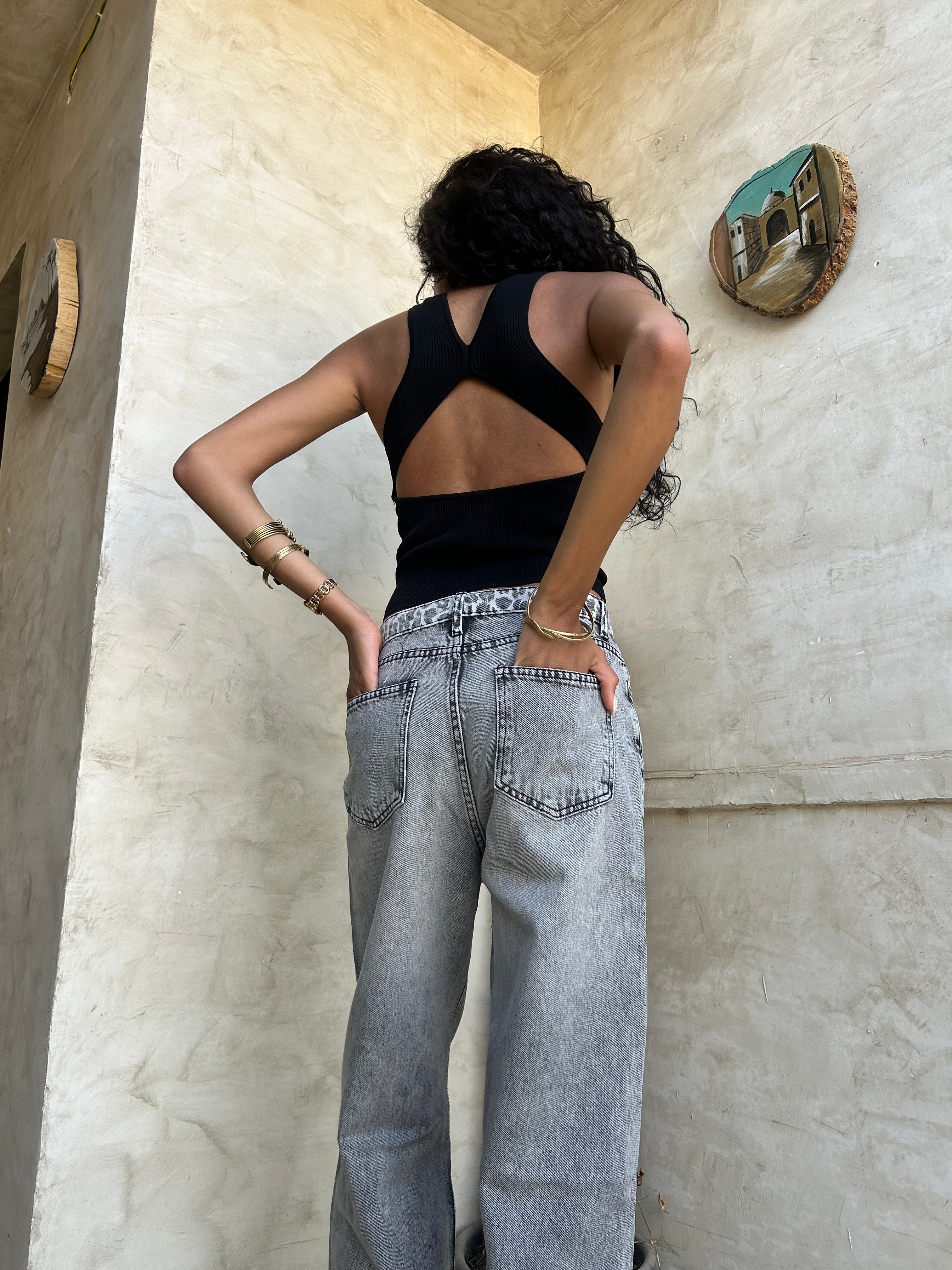 High-Waist Leopard Gray Straight Leg Jeans