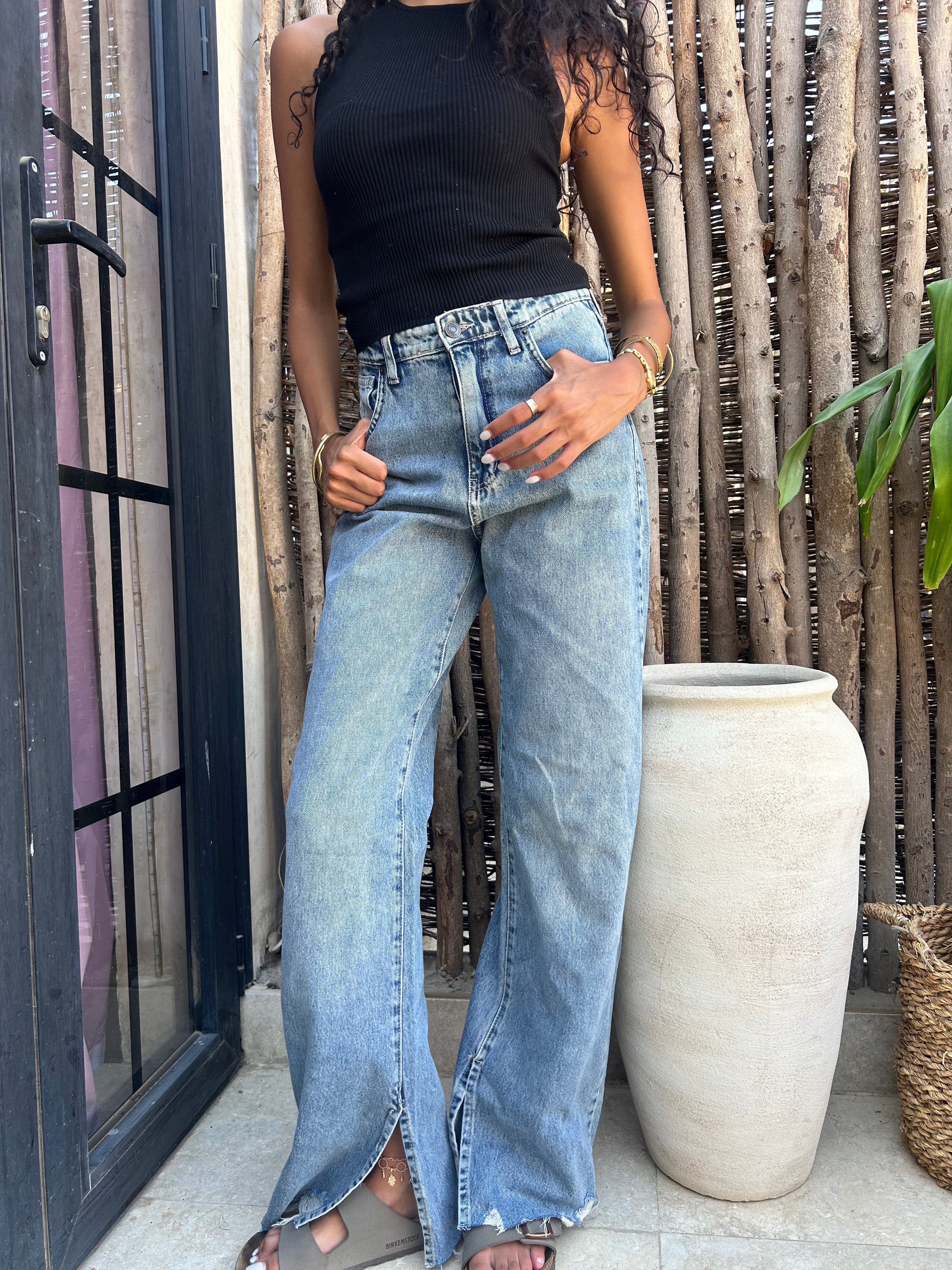 Blue Straight-leg Jeans with a small slit
