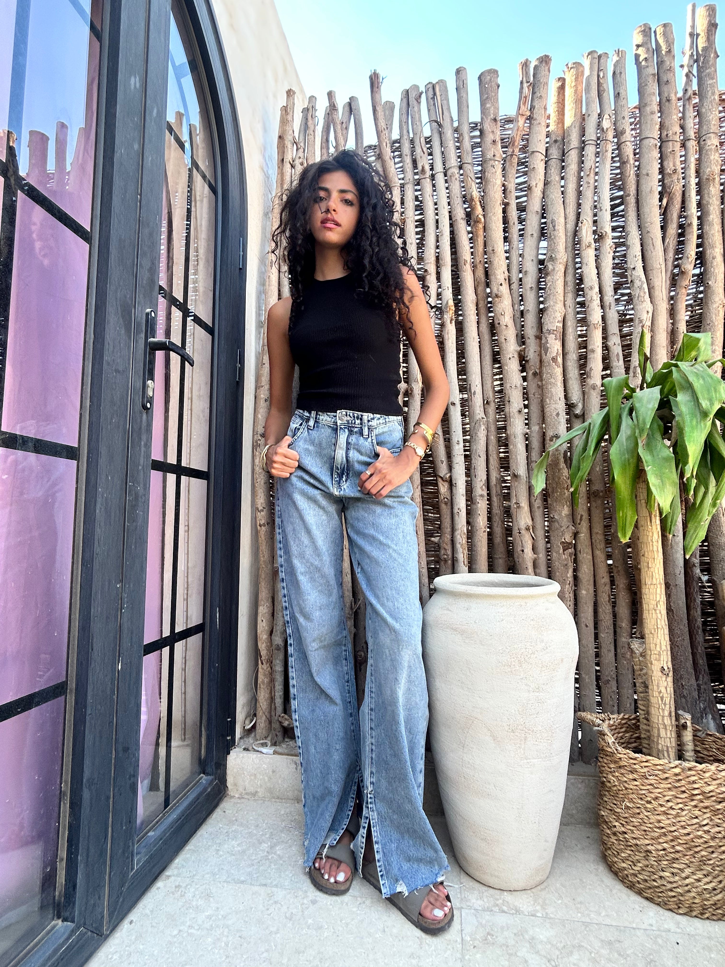 Blue Straight-leg Jeans with a small slit