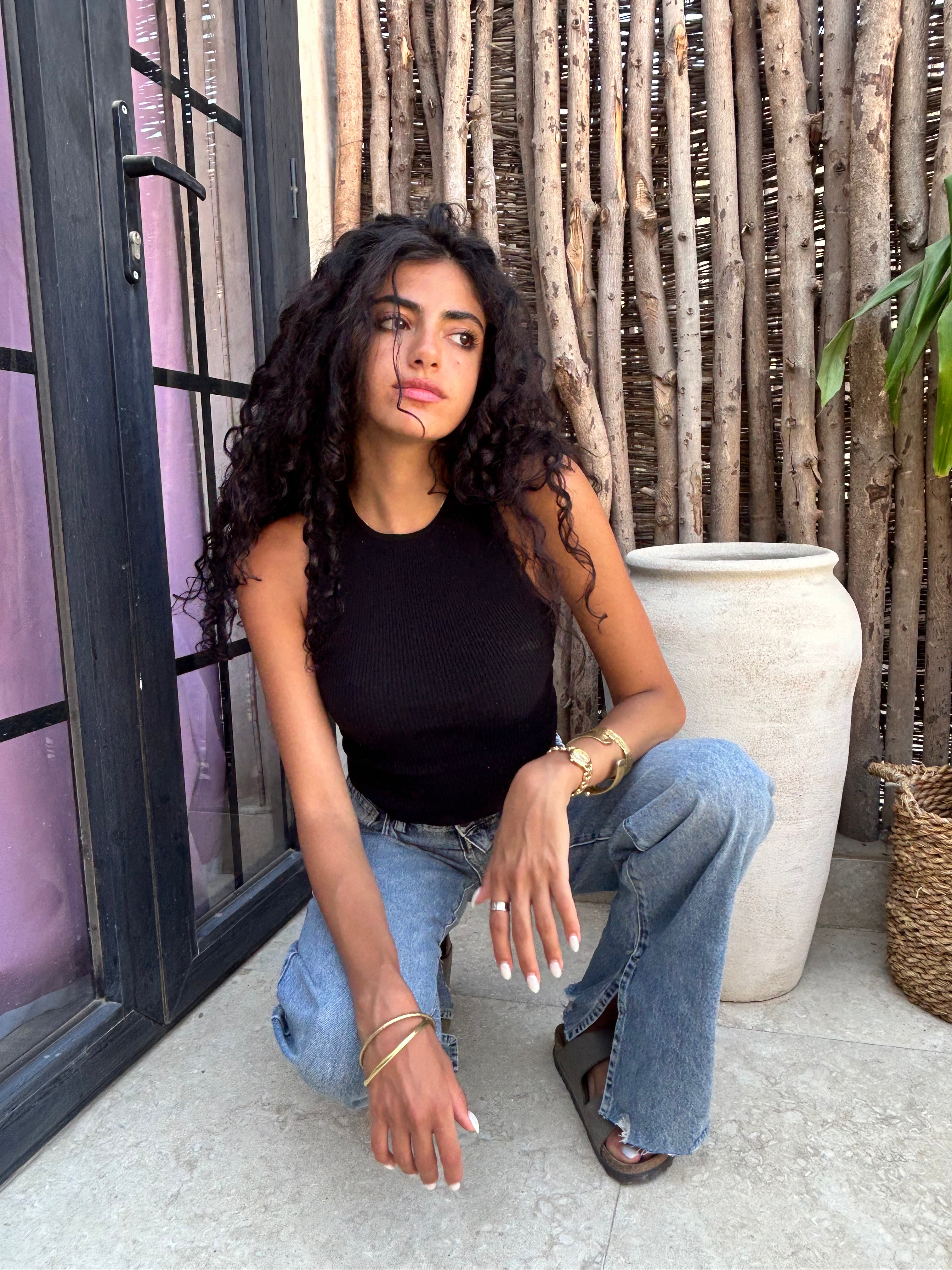 Blue Straight-leg Jeans with a small slit
