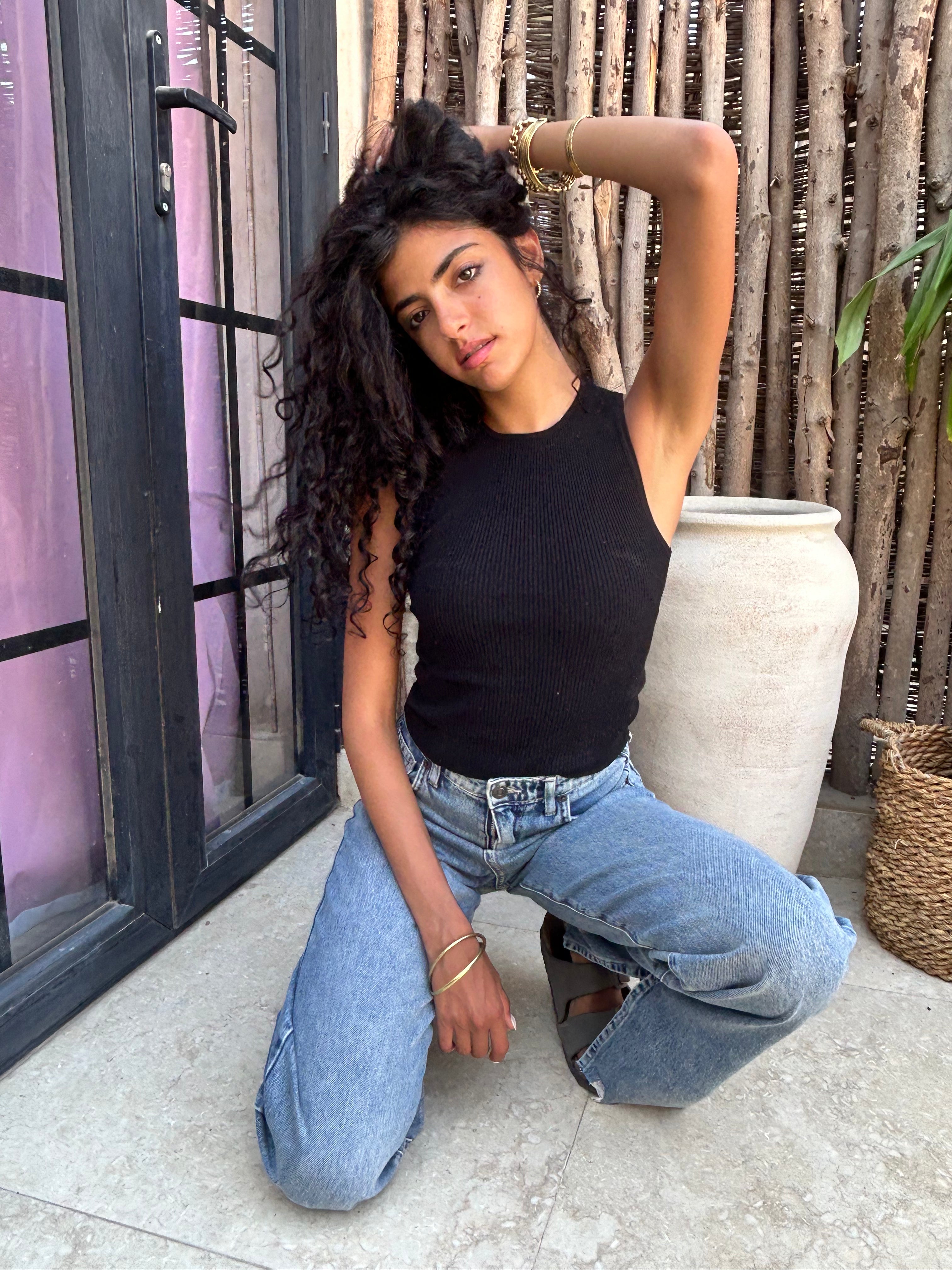 Blue Straight-leg Jeans with a small slit