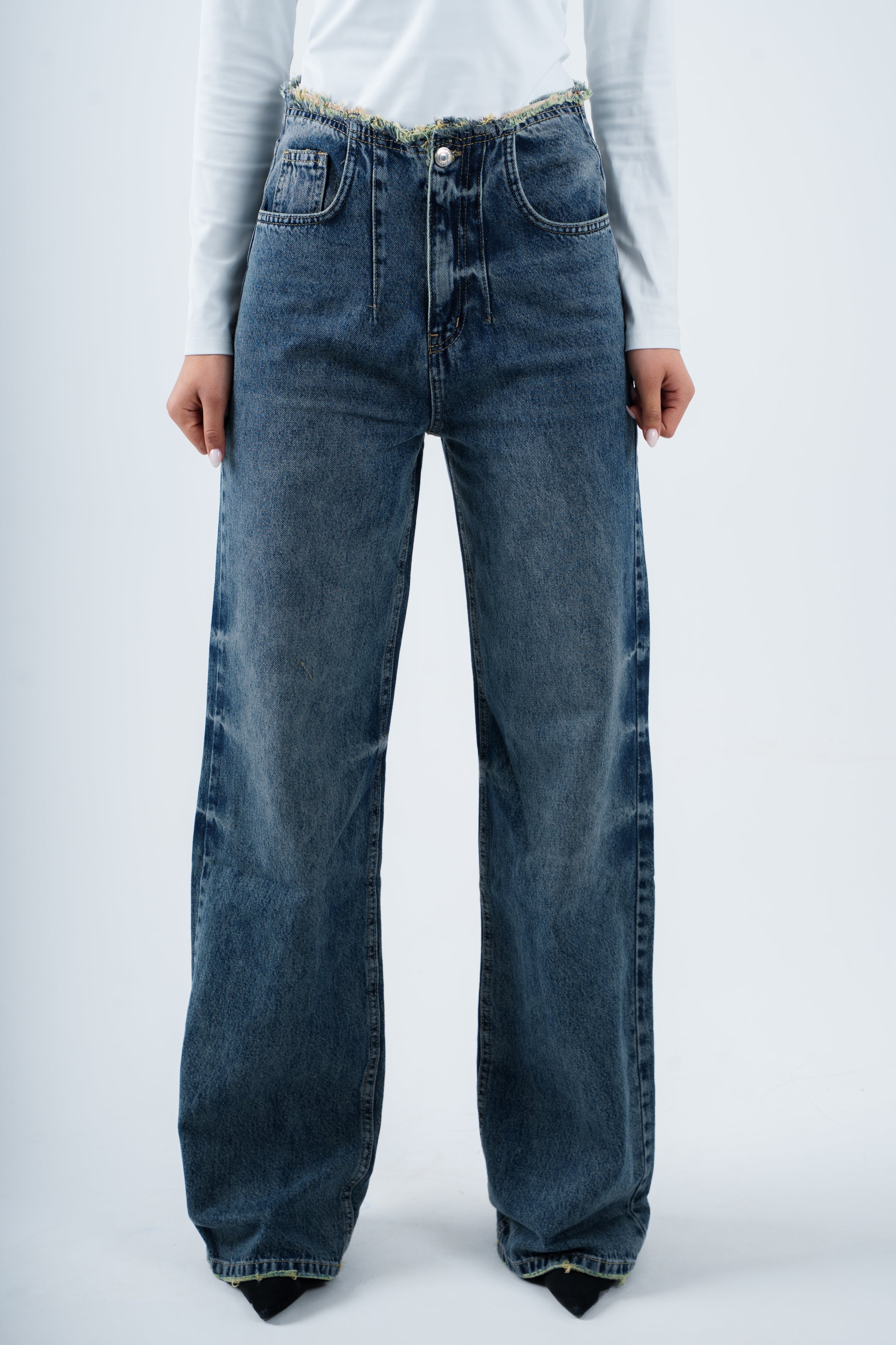 No Waist Jeans Dirty Wash Wide Leg