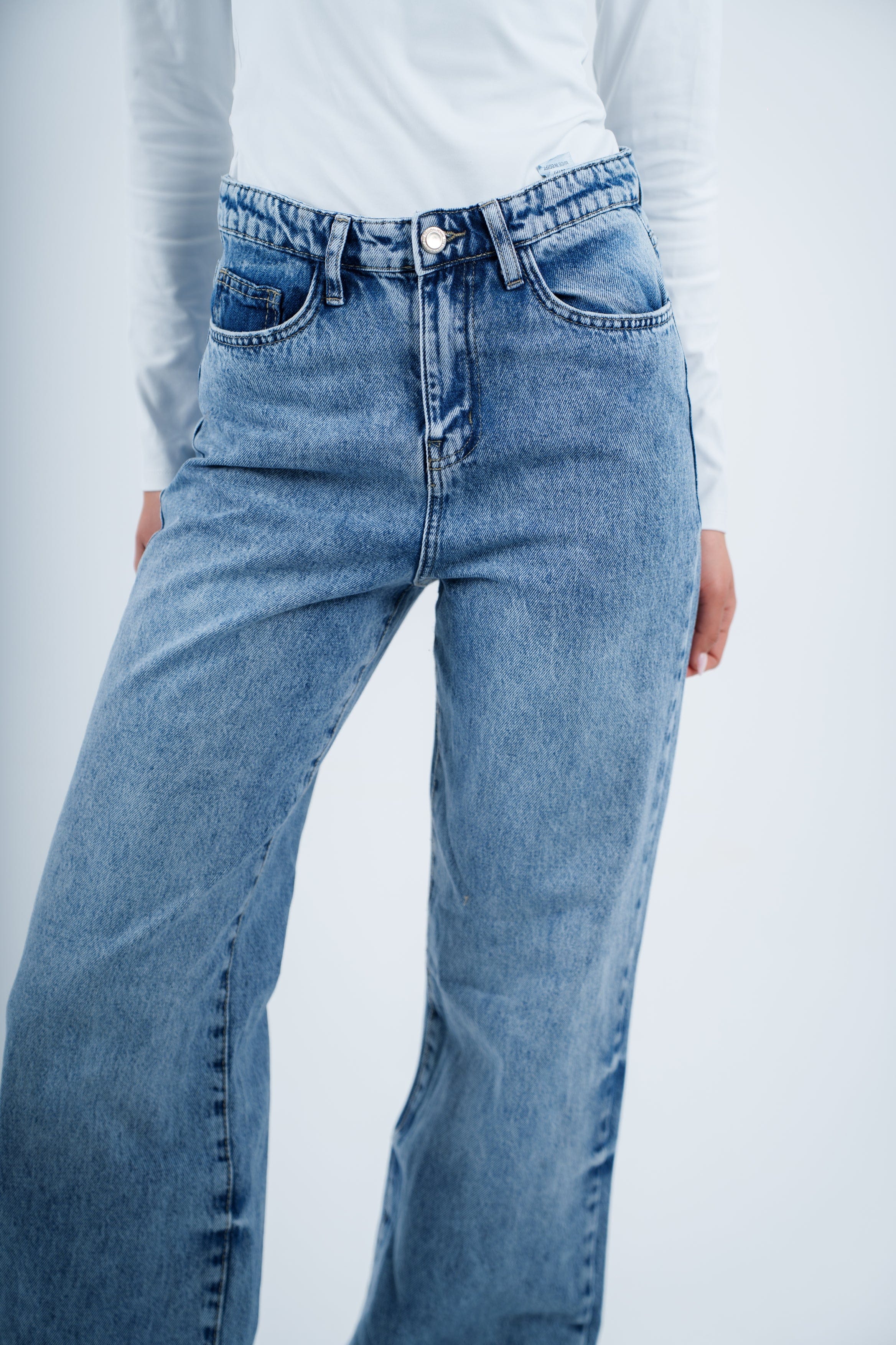 High-Waist Medium Wash Straight Leg Jeans