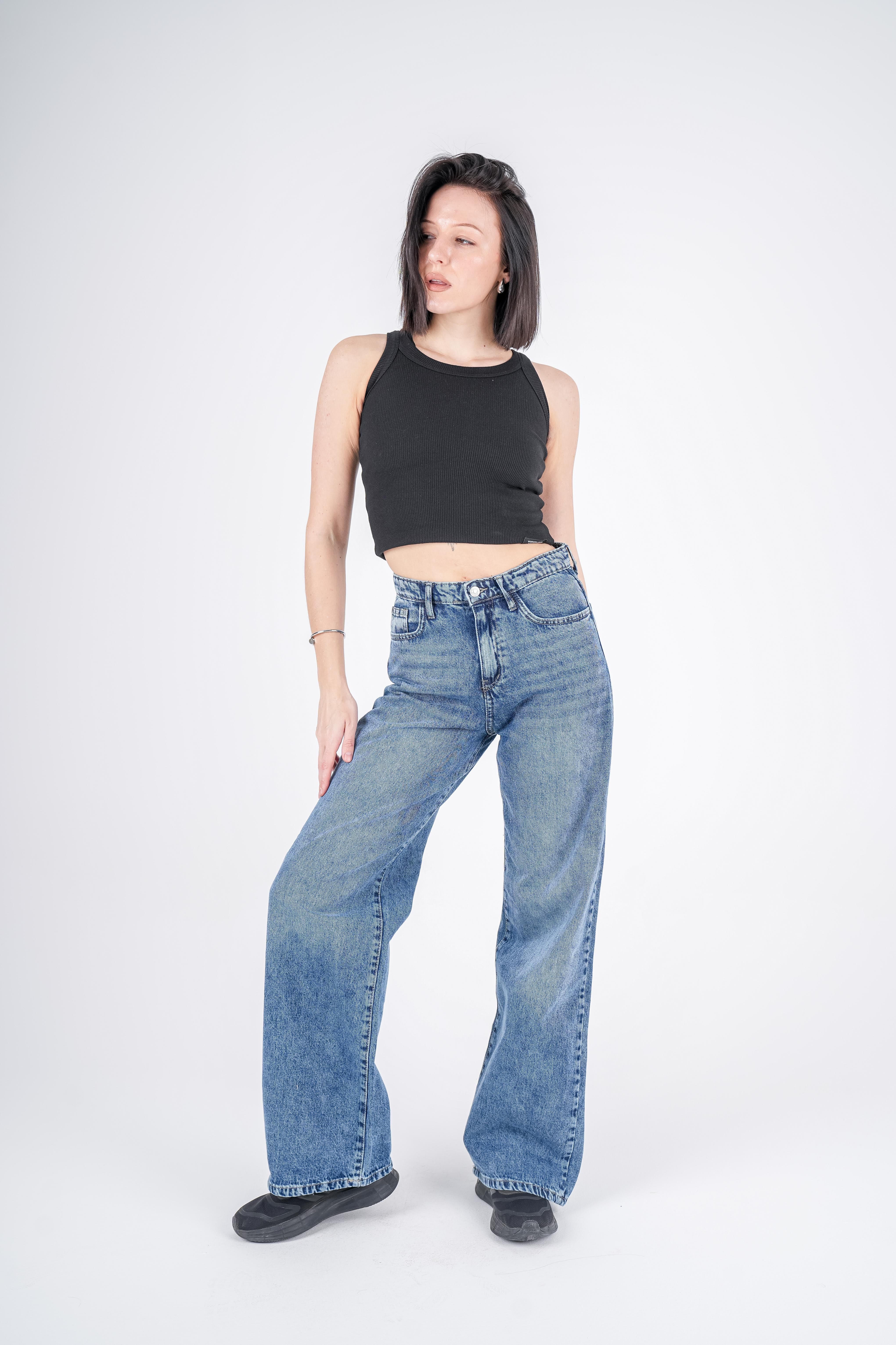 High-Waist Medium Wash Wide Leg Jeans