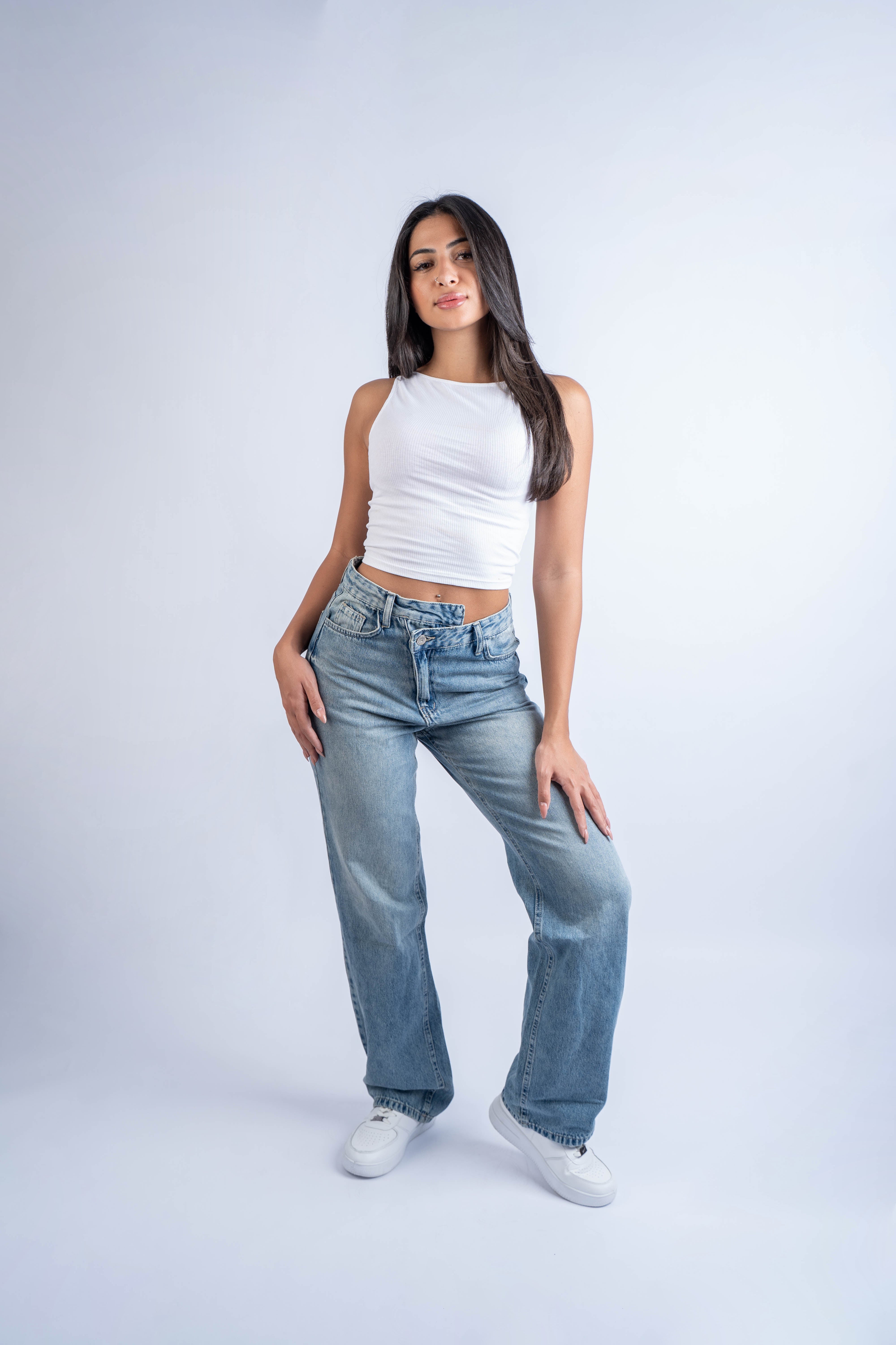 High-Waist Dirty Cross Belt Acid Blue  Straight Leg Jeans