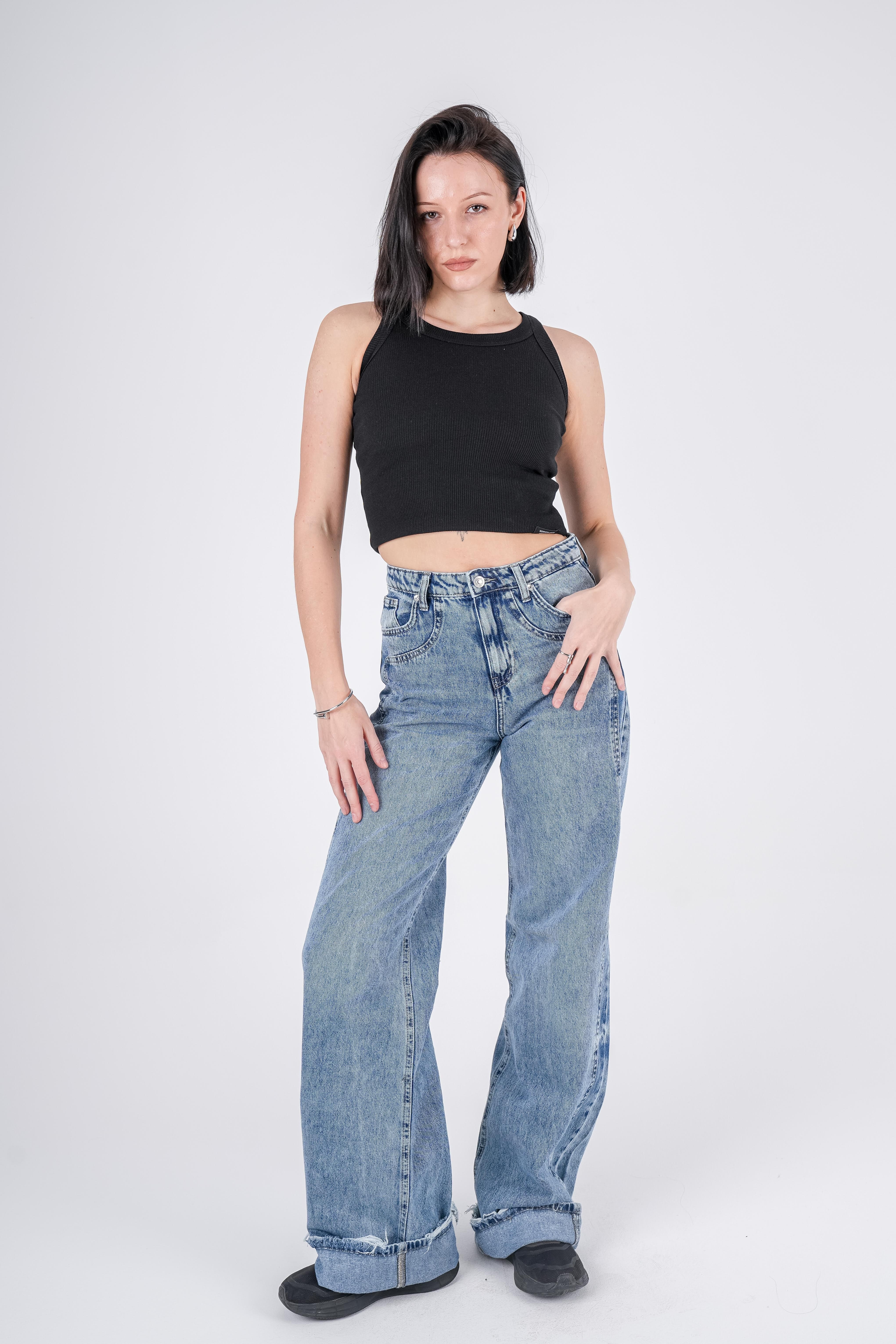 High-Waist Dirty Wash Long Straight Leg Jeans