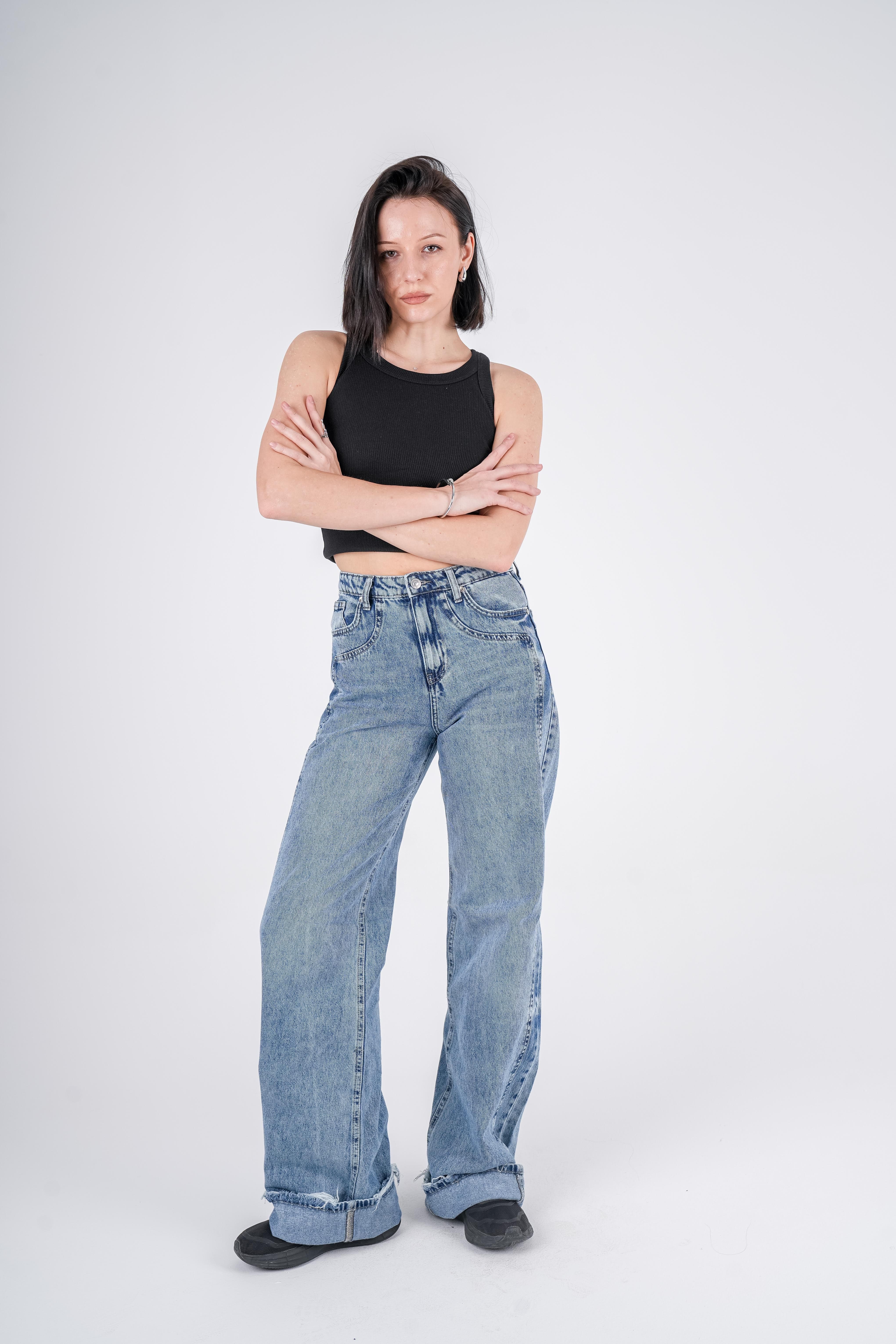 High-Waist Dirty Wash Long Straight Leg Jeans