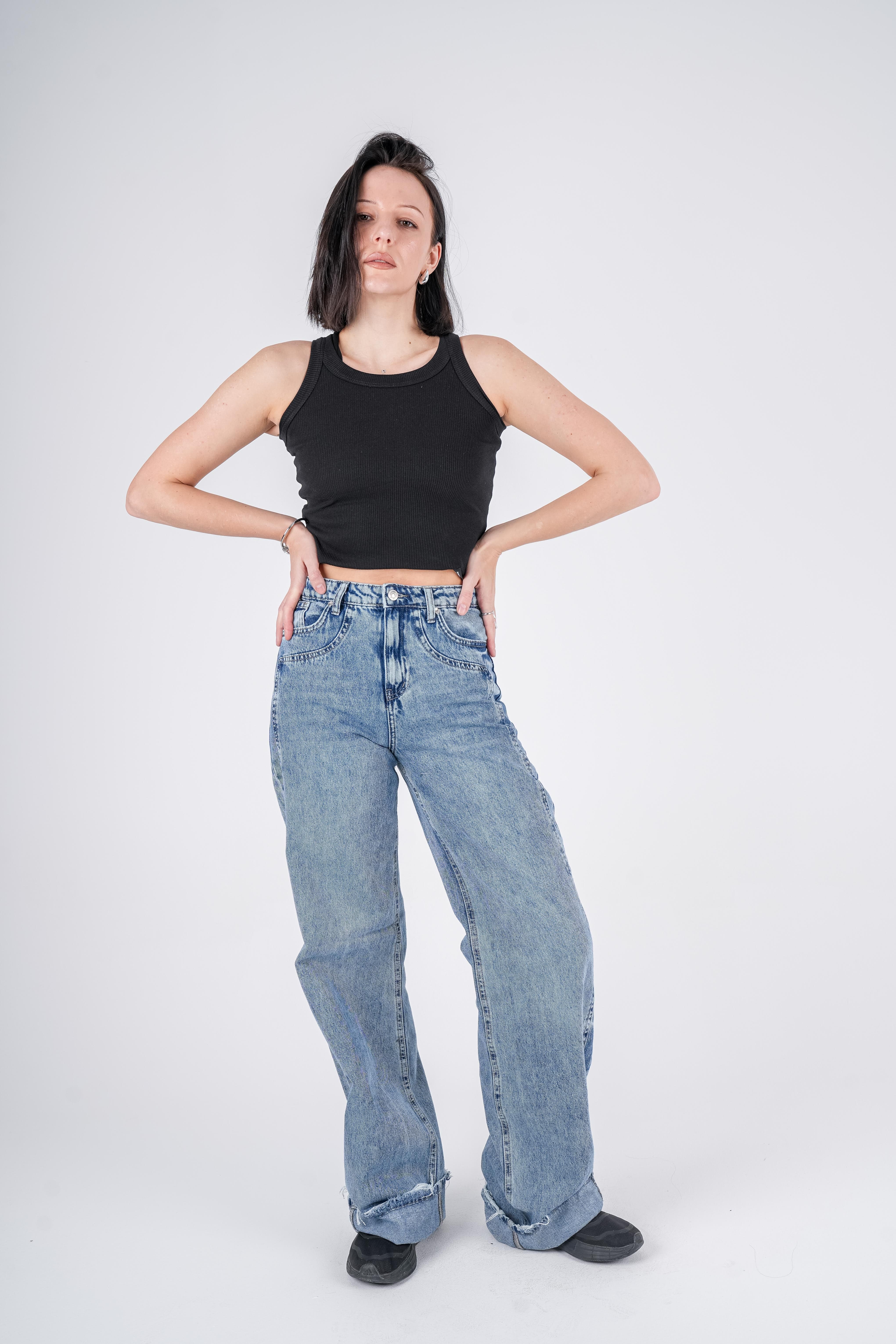 High-Waist Dirty Wash Long Straight Leg Jeans