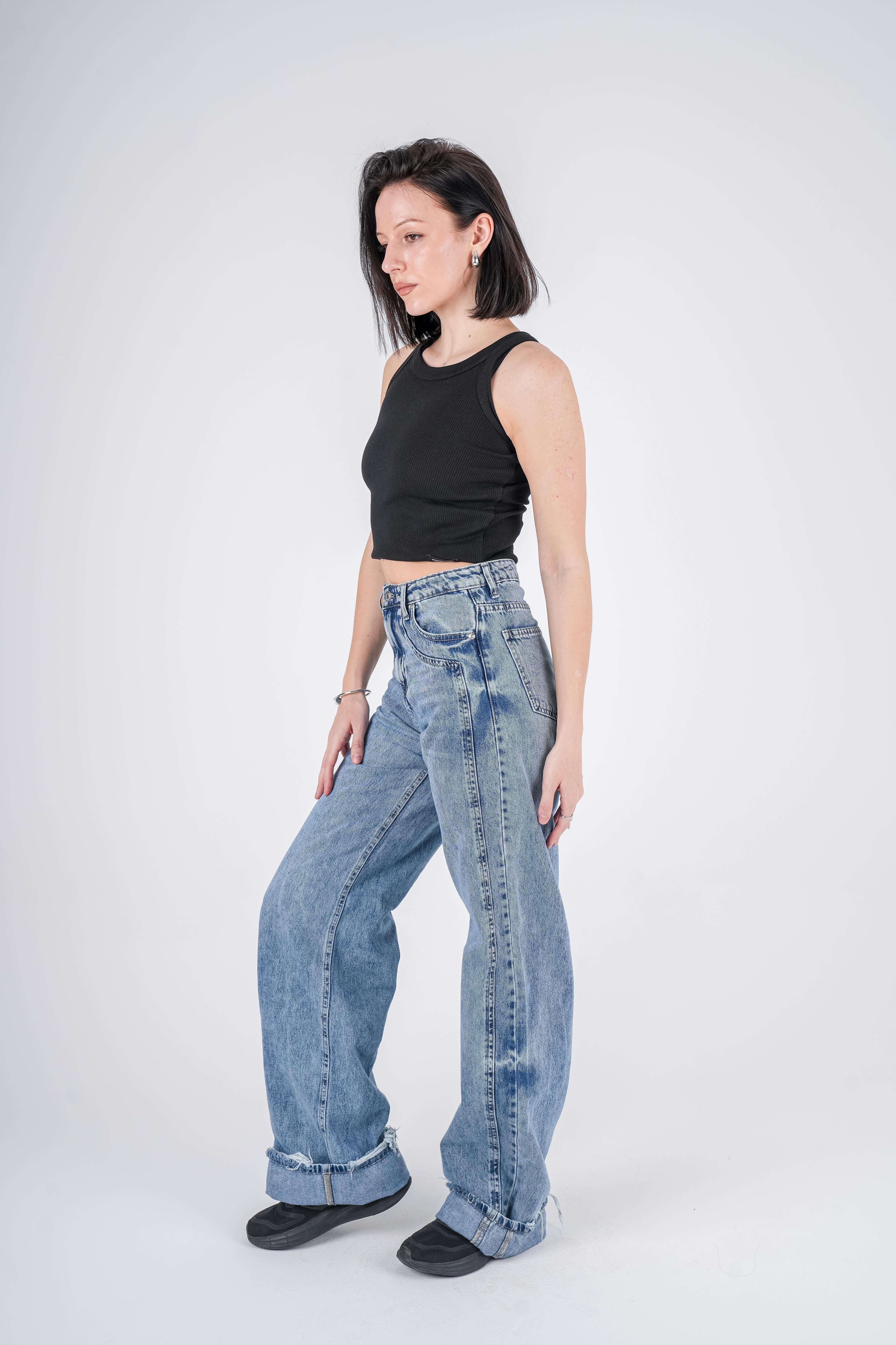 High-Waist Dirty Wash Long Straight Leg Jeans