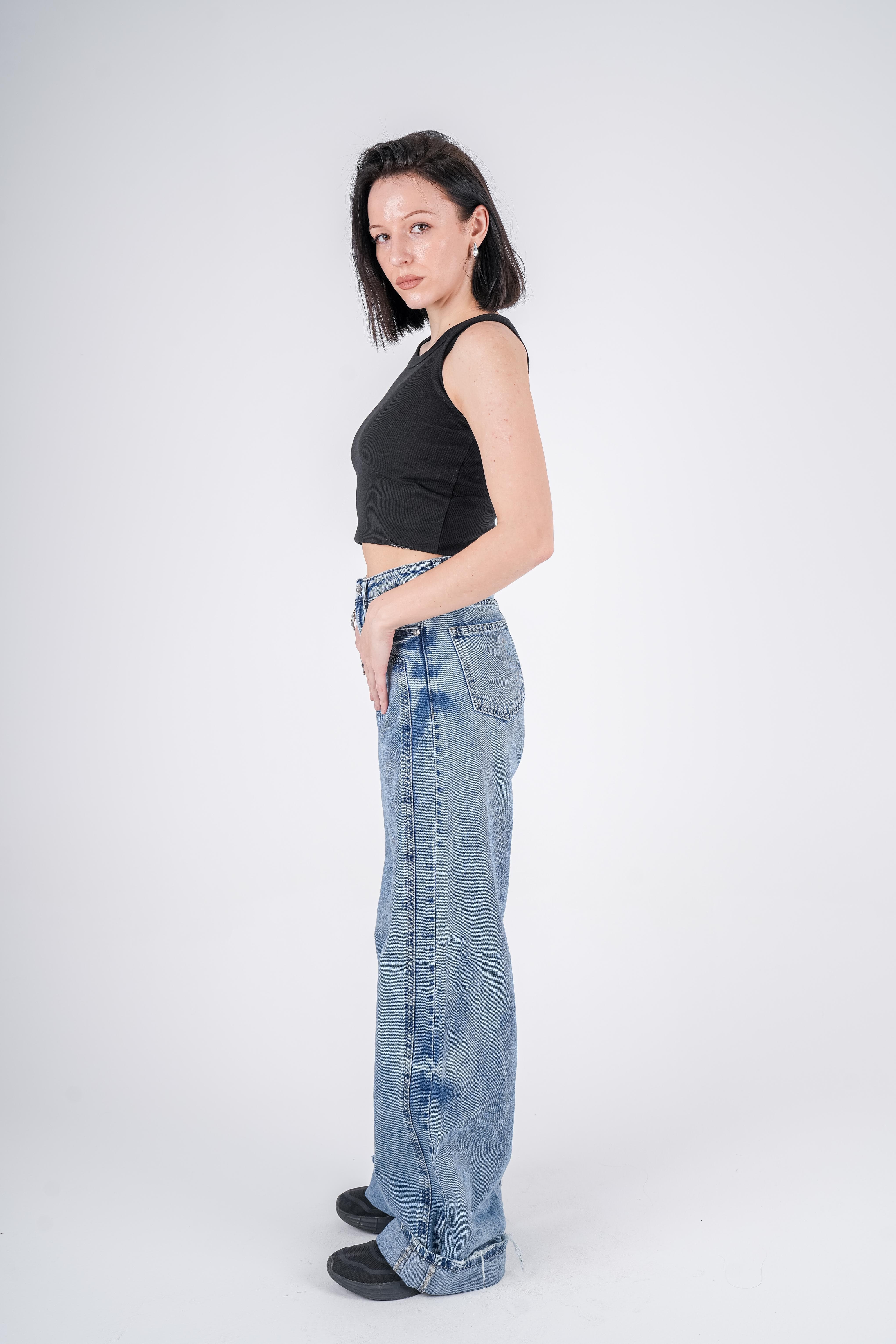 High-Waist Dirty Wash Long Straight Leg Jeans
