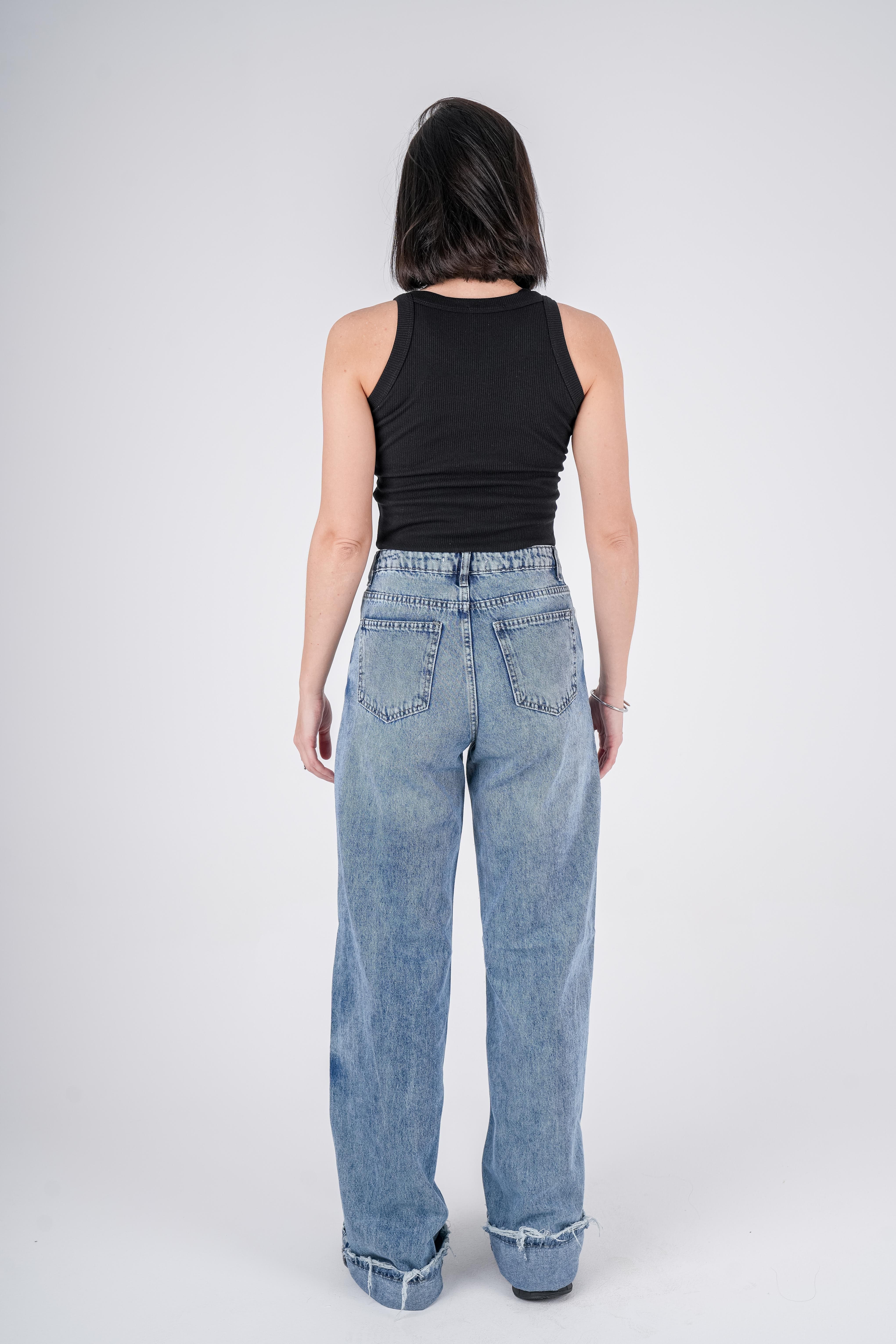 High-Waist Dirty Wash Long Straight Leg Jeans