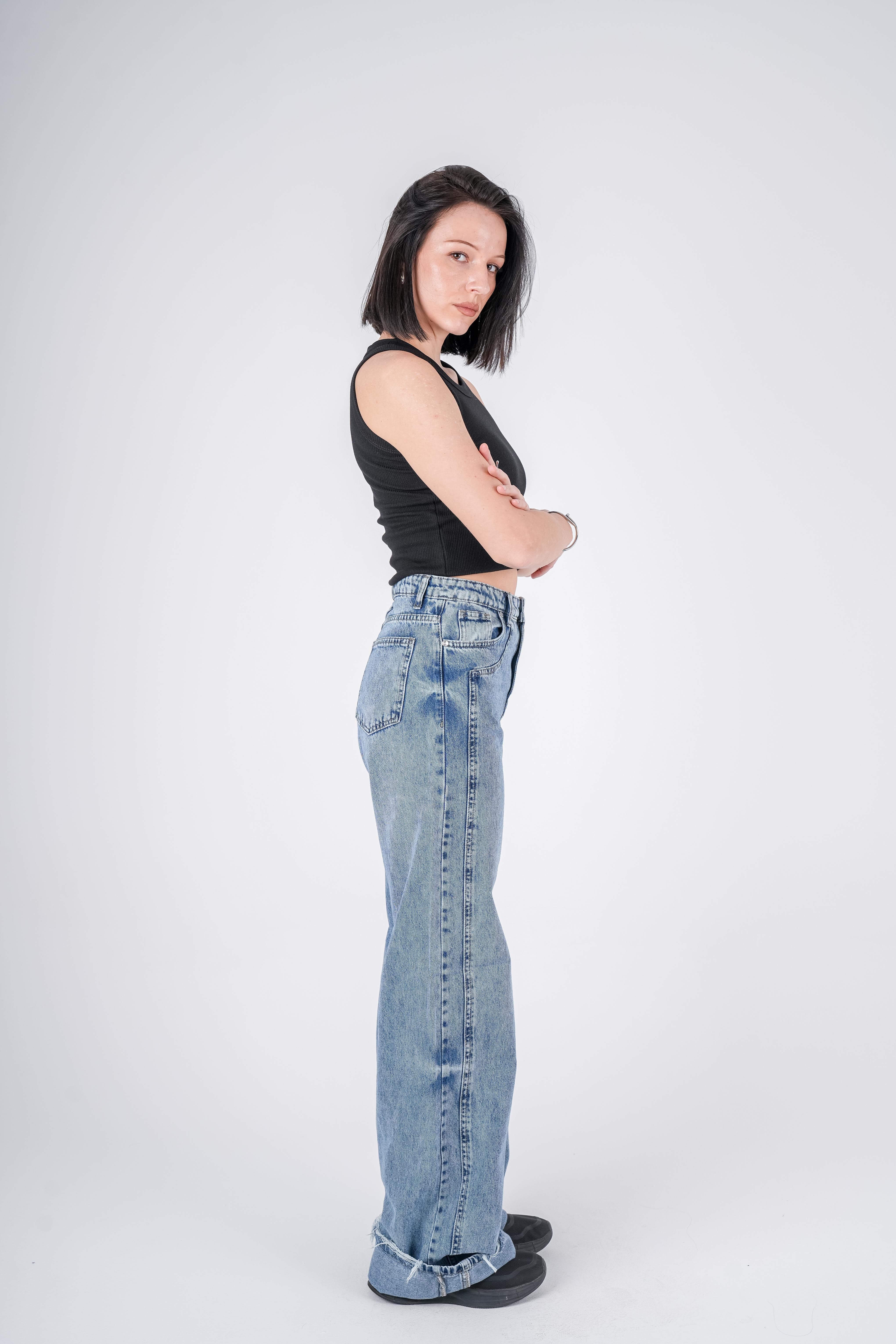 High-Waist Dirty Wash Long Straight Leg Jeans