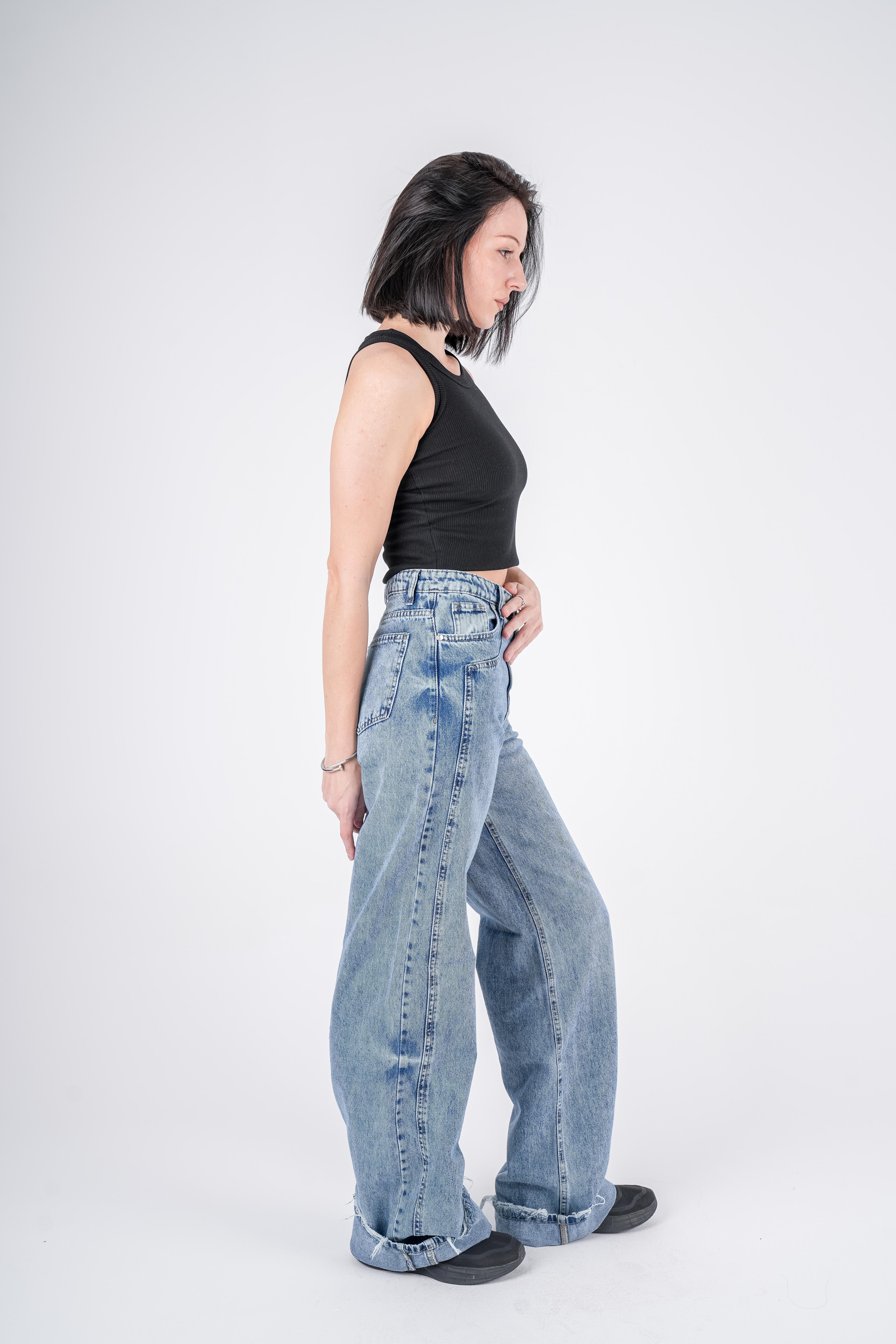 High-Waist Dirty Wash Long Straight Leg Jeans