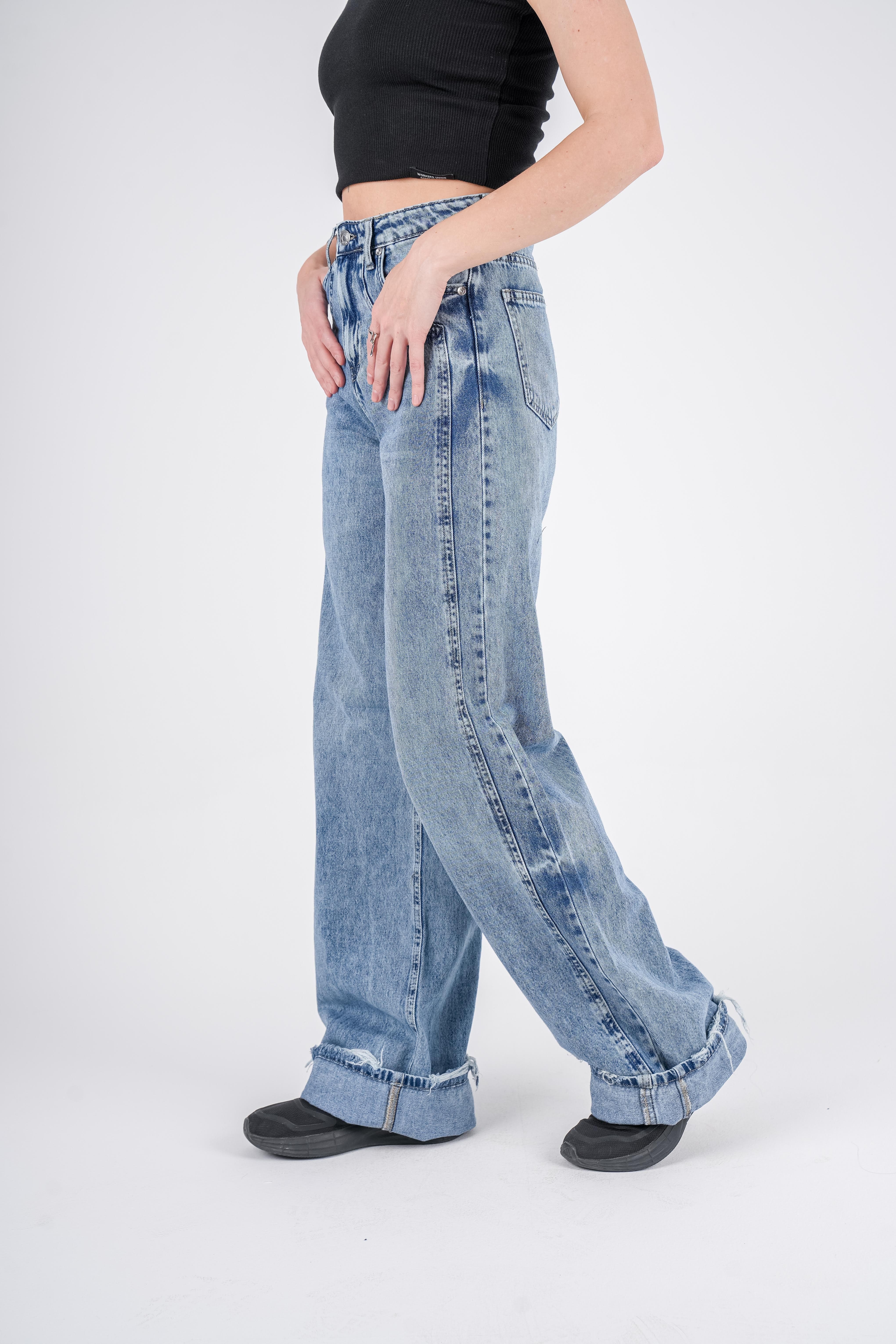 High-Waist Dirty Wash Long Straight Leg Jeans