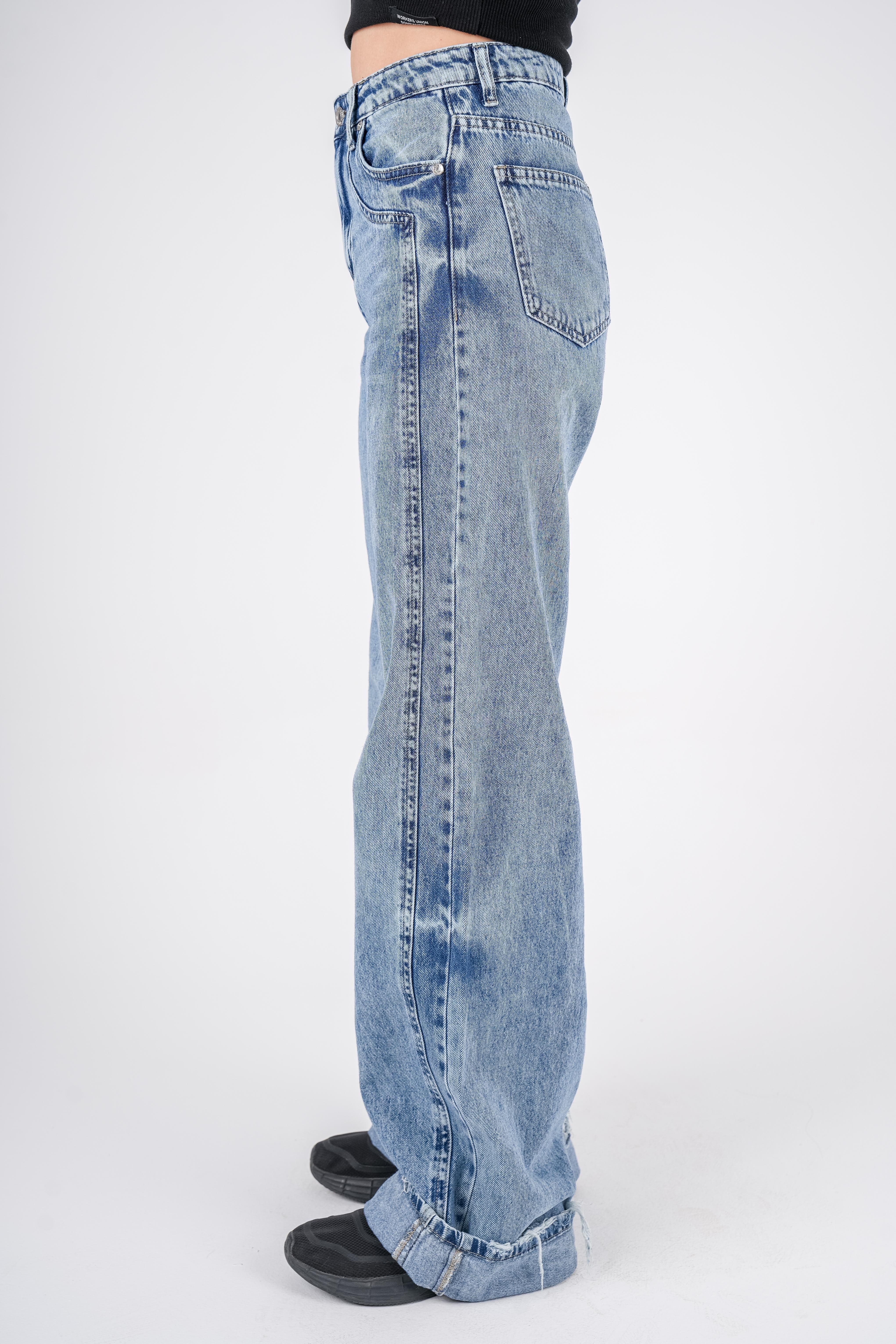 High-Waist Dirty Wash Long Straight Leg Jeans