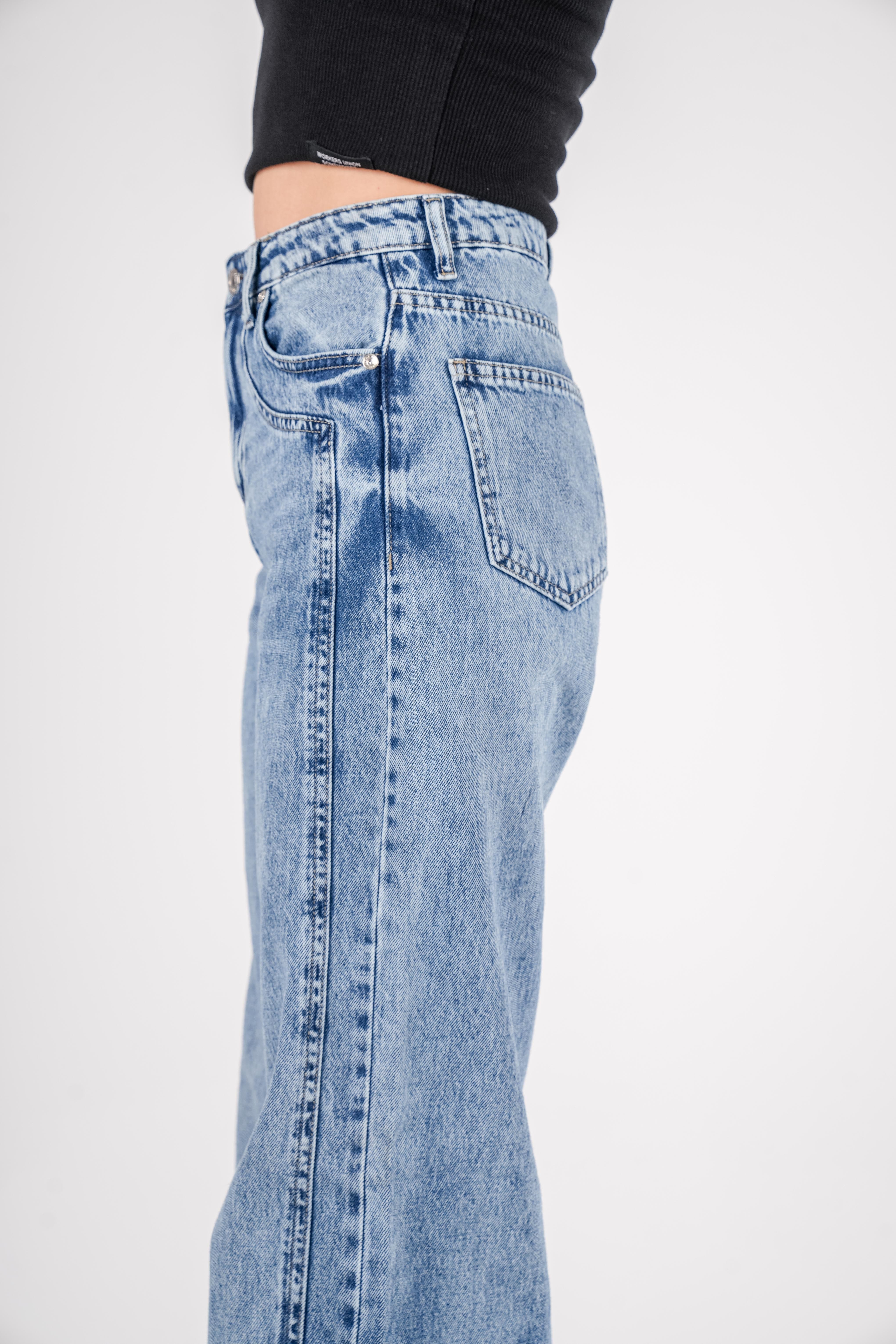 High-Waist Dirty Wash Long Straight Leg Jeans