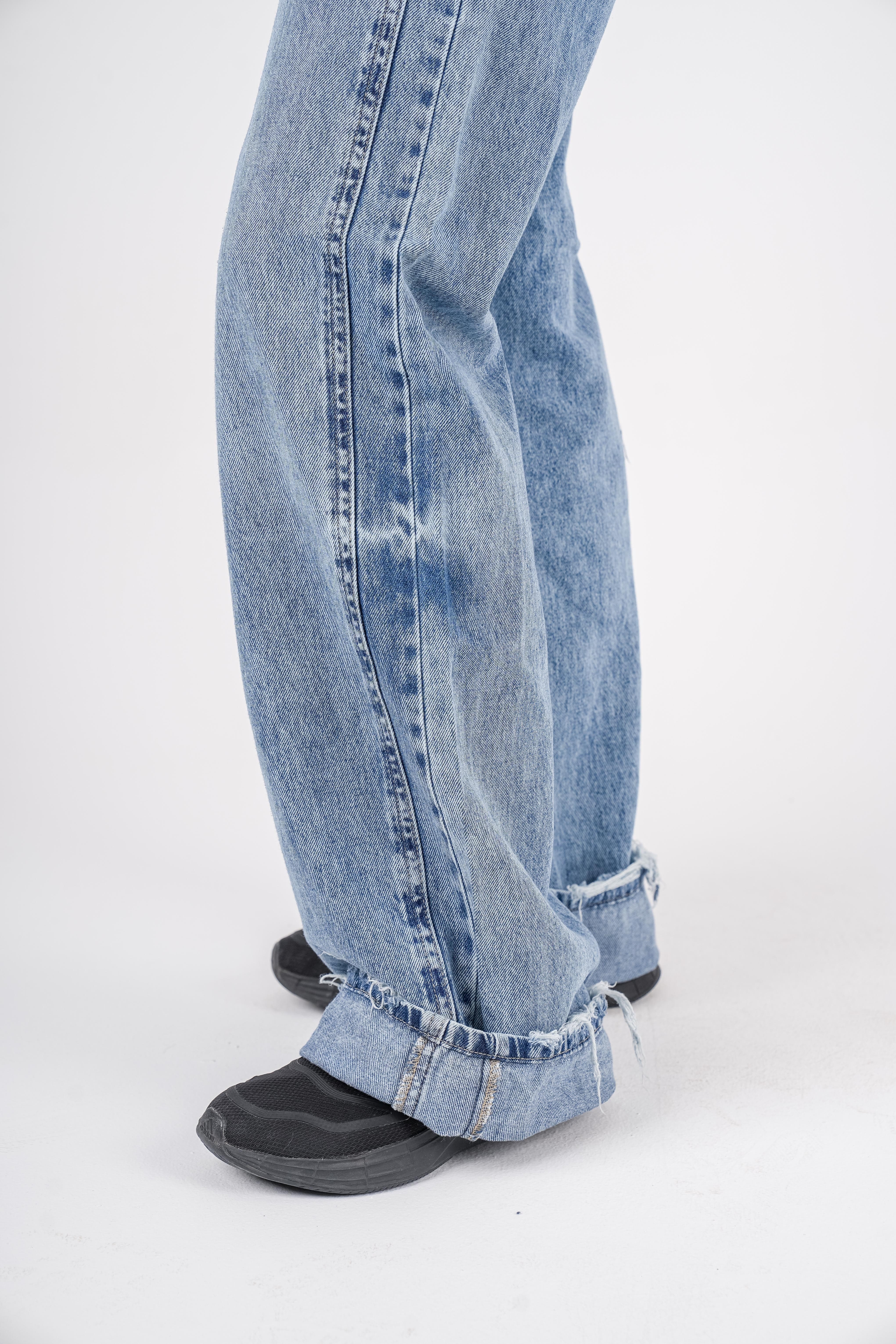 High-Waist Dirty Wash Long Straight Leg Jeans