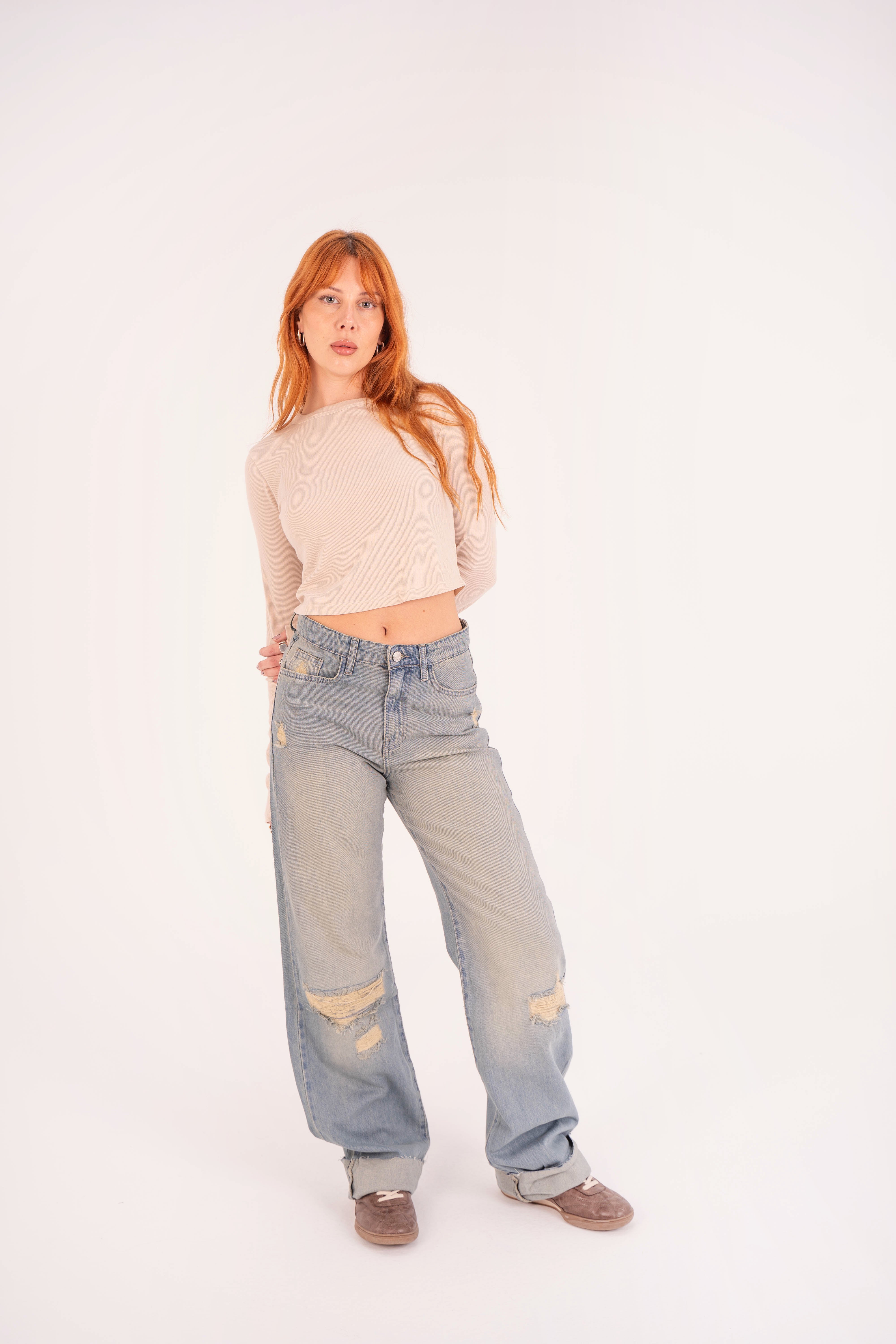 High-Waist Acid Wash Ripped Long Straight Leg Jeans